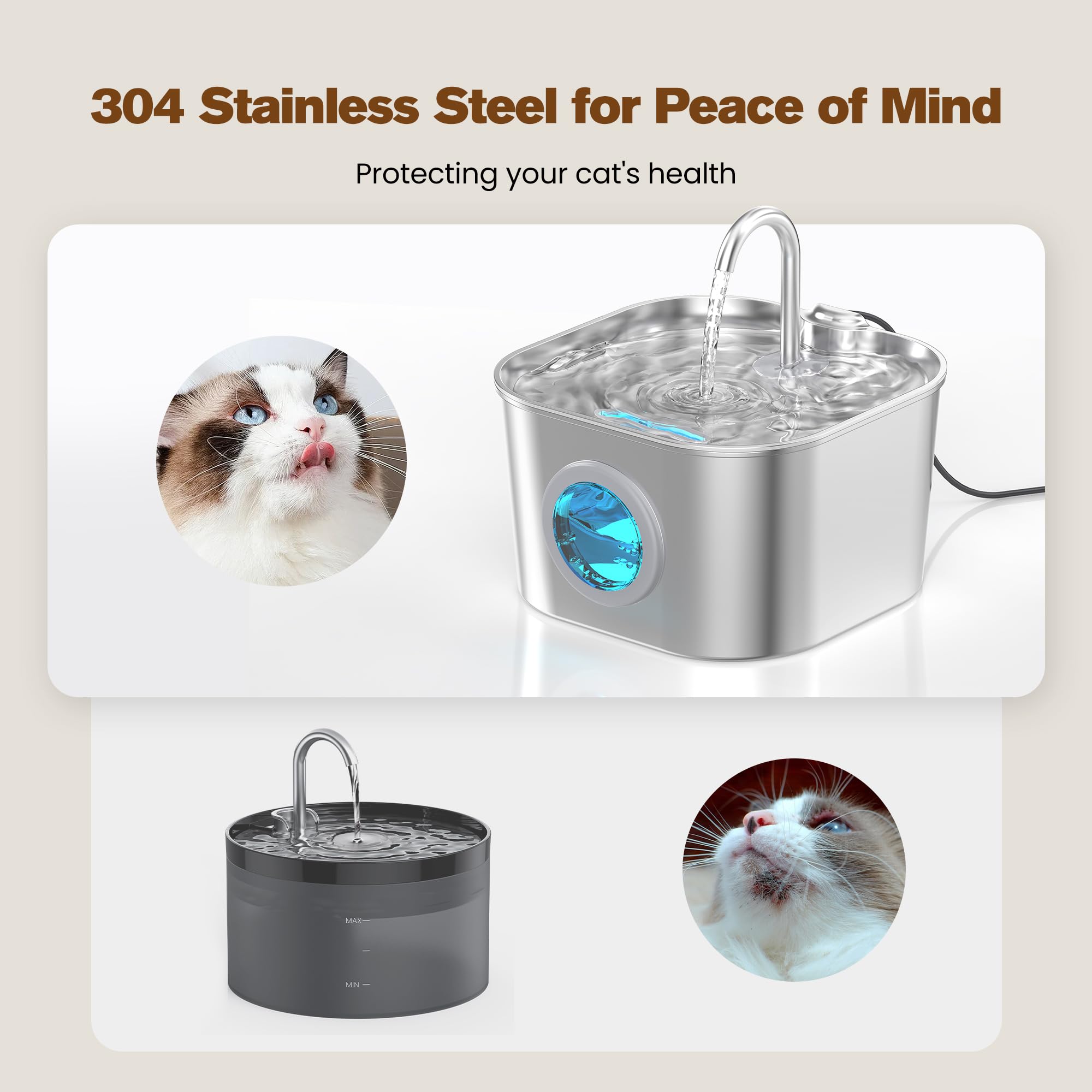 【Edelstahl Katze Wasserbrunnen】 3,061.7 g/3,2L Haustier Wasserbrunnen Katze Bewässerungsbrunnen Indoor Automatischer Bewässerungsspender zum Trinken Kleiner Hunde Wassernapf Metall Kitty Wasserhahn
