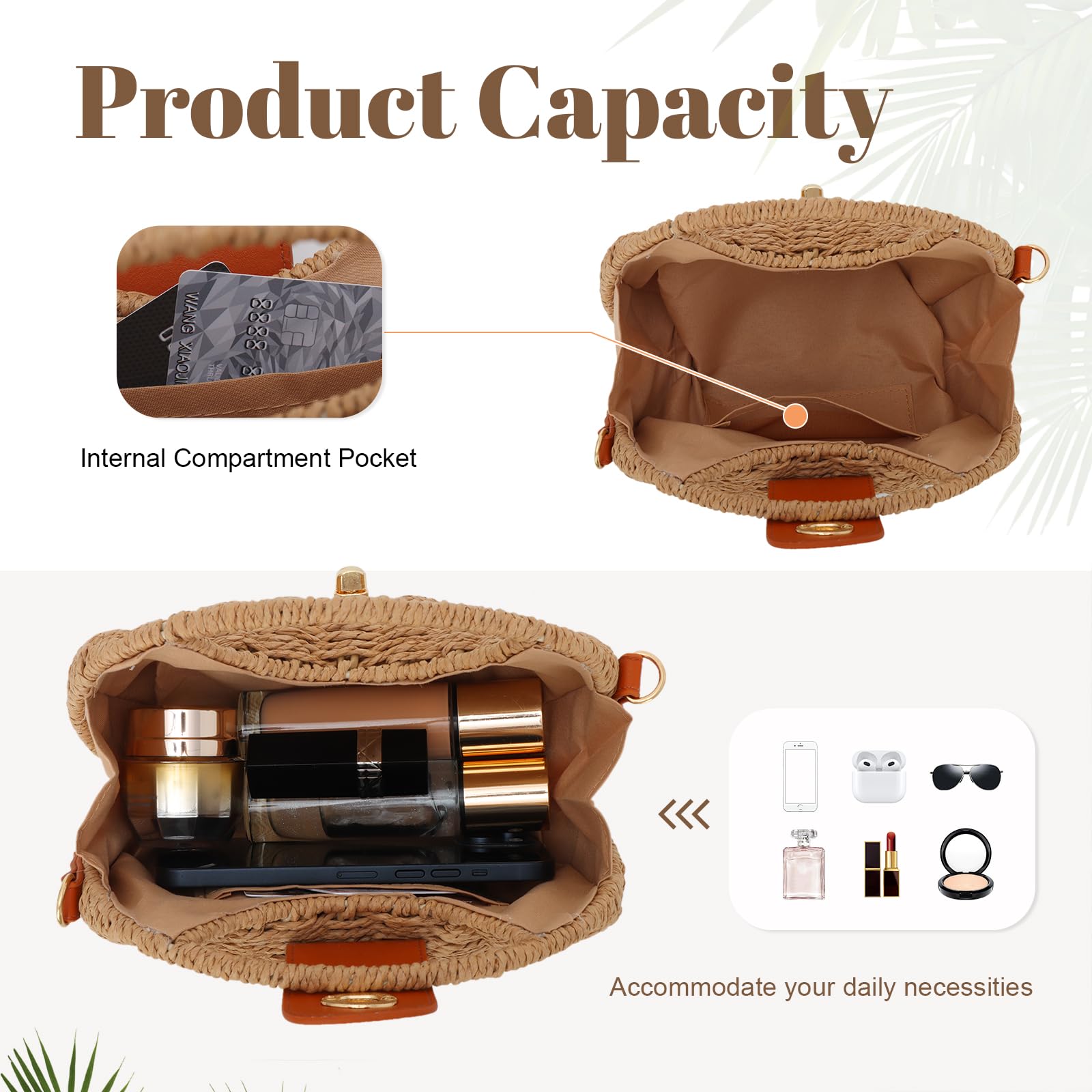 SUKUTU Paille Sac de plage à main tissé Crossbody Sacs à bandoulière Top Handle Satchel Sac à main Porte-monnaie pour l'été