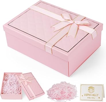Pink Gift Box with Lid,Gift Boxes for Presents with Ribbon Bowknot Exquisite Boxes for Gifts, Empty Gift Boxes for Christmas Day,Christmas Eve, Birthday Party, Valentine's Day, Weddings Pink