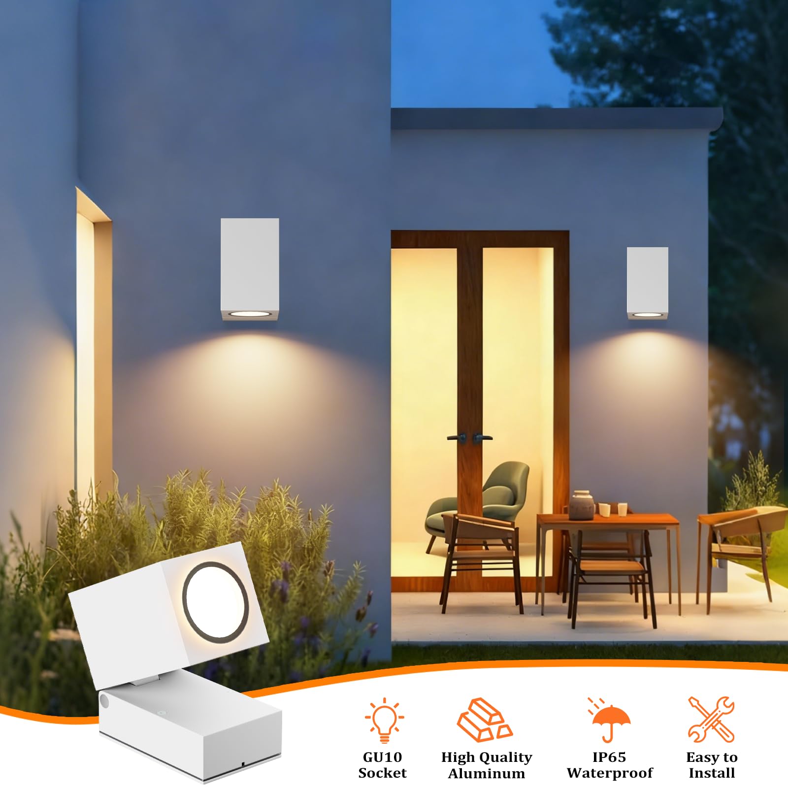 Aipsun 2 PCS Applique da Esterno/Interno,Ip65 Lampada da Parete in alluminio applique Gu10/90 gradi orientabili esterno/interno,impermeabile,Applique senza lampadina，Bianco
