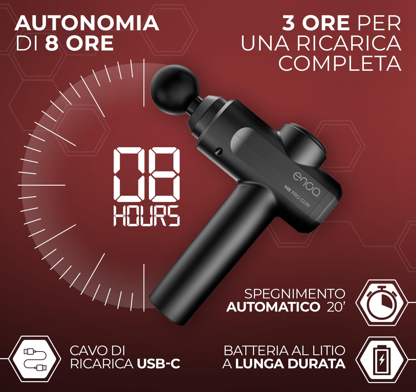 ENOA Pistola Massaggiante M8 PRO – Massaggiatore a Percussione con 30 Velocità, 6 Testine, Display LCD, Silenzioso & USB-C – Borsa Inclusa