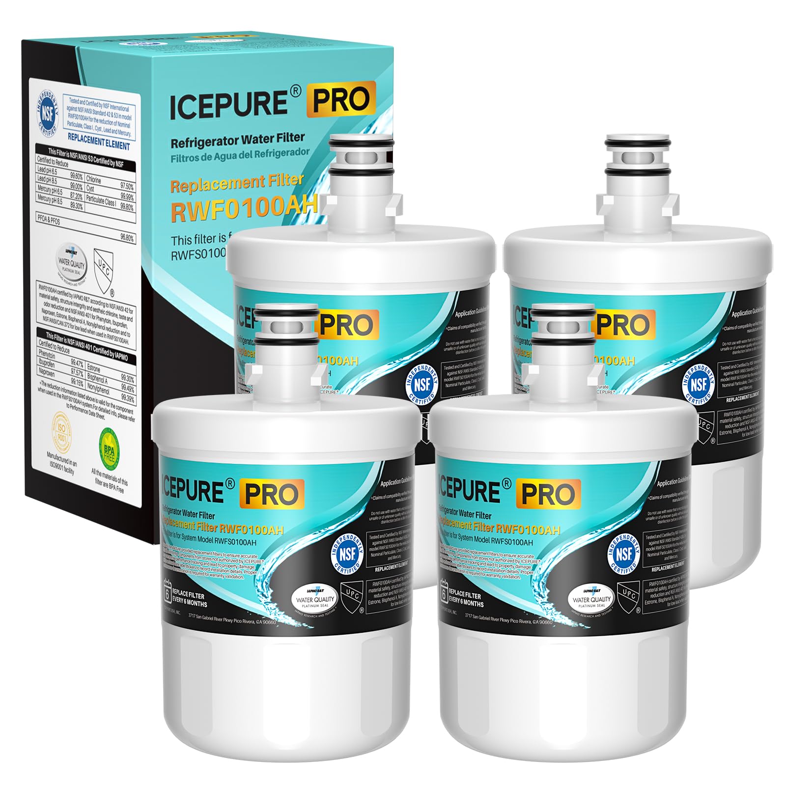 ICEPURE PRO 5231JA2002A NSF401&amp;53&amp;42 Certified Water Filter, 4 PACK