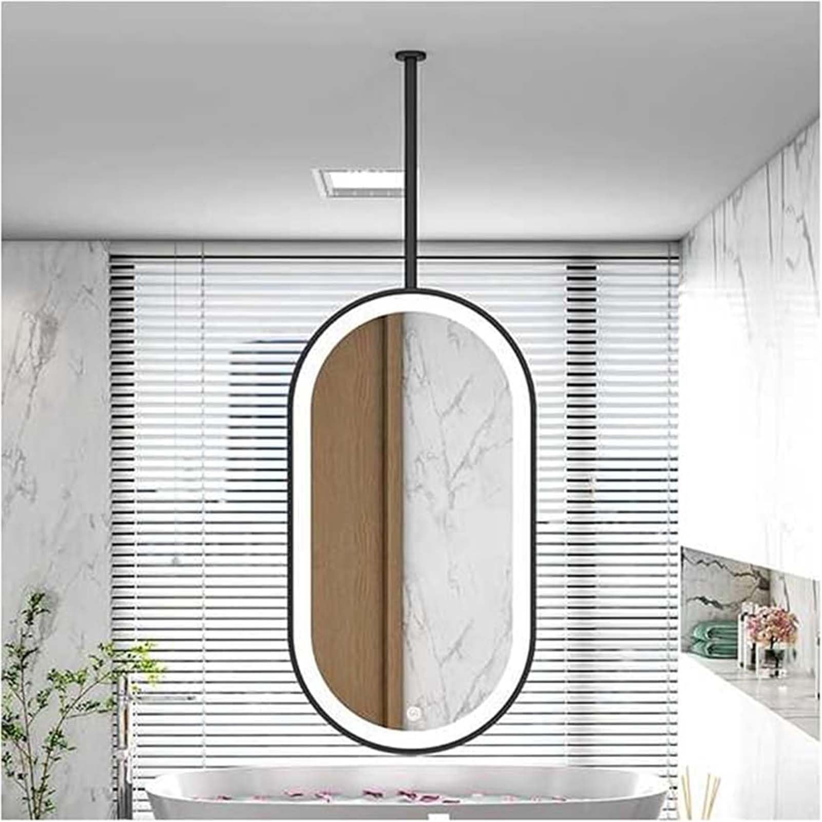 Deckenhängender Spiegel mit Beleuchtung, ovaler Metall-Deckenspiegel, HD-Schminkspiegel, für Badezimmer, Waschraum, Rasur (Ausleger anpassbar) (Schwarz, 60 x 100 cm)
