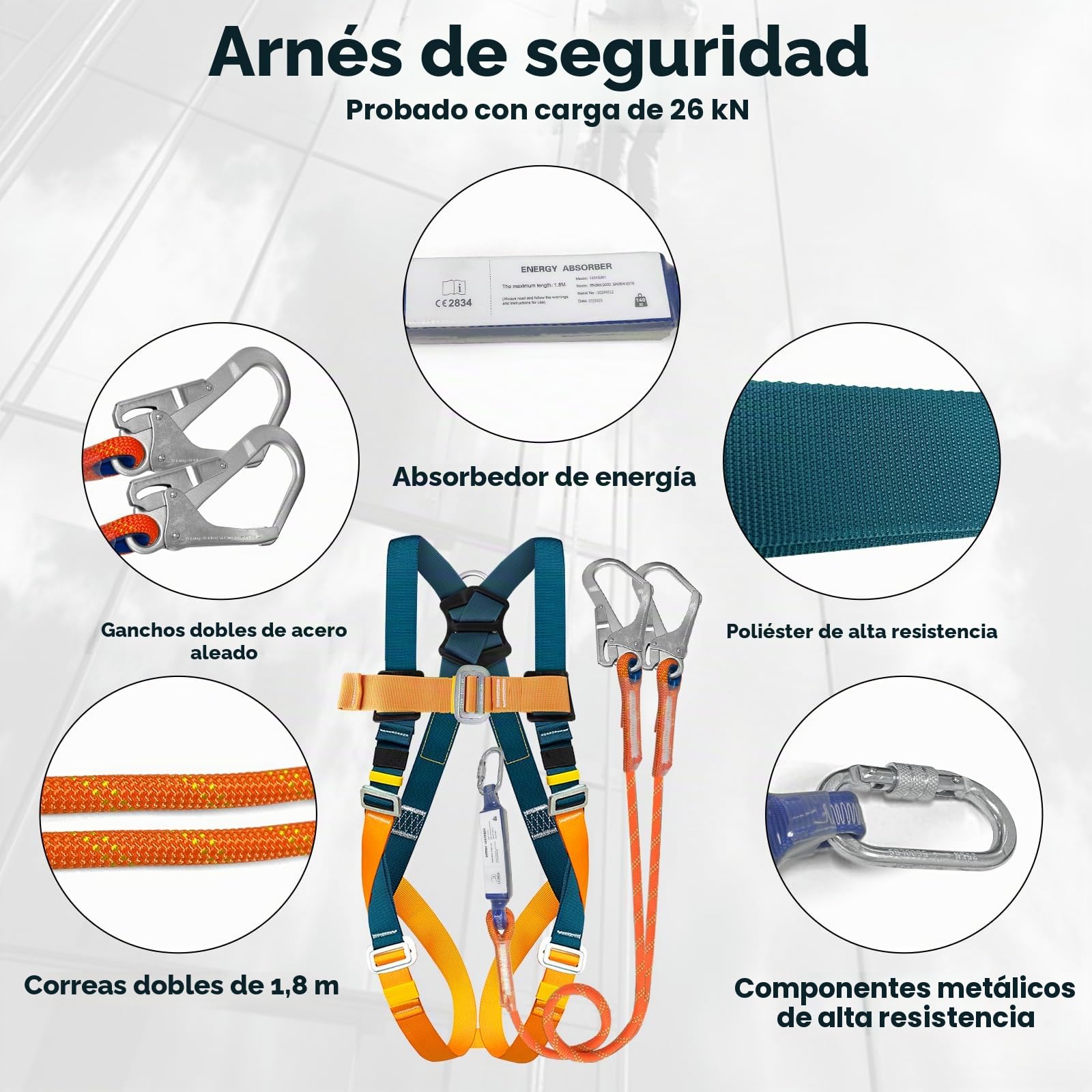 Arnés de seguridad integral con absorbedor de energía, doble cuerda de 1,8 m, ajustable, Carga máxima 140 kg, EN 361/354/355, protección contra caídas para hombre techos, escalada y trabajos en altura