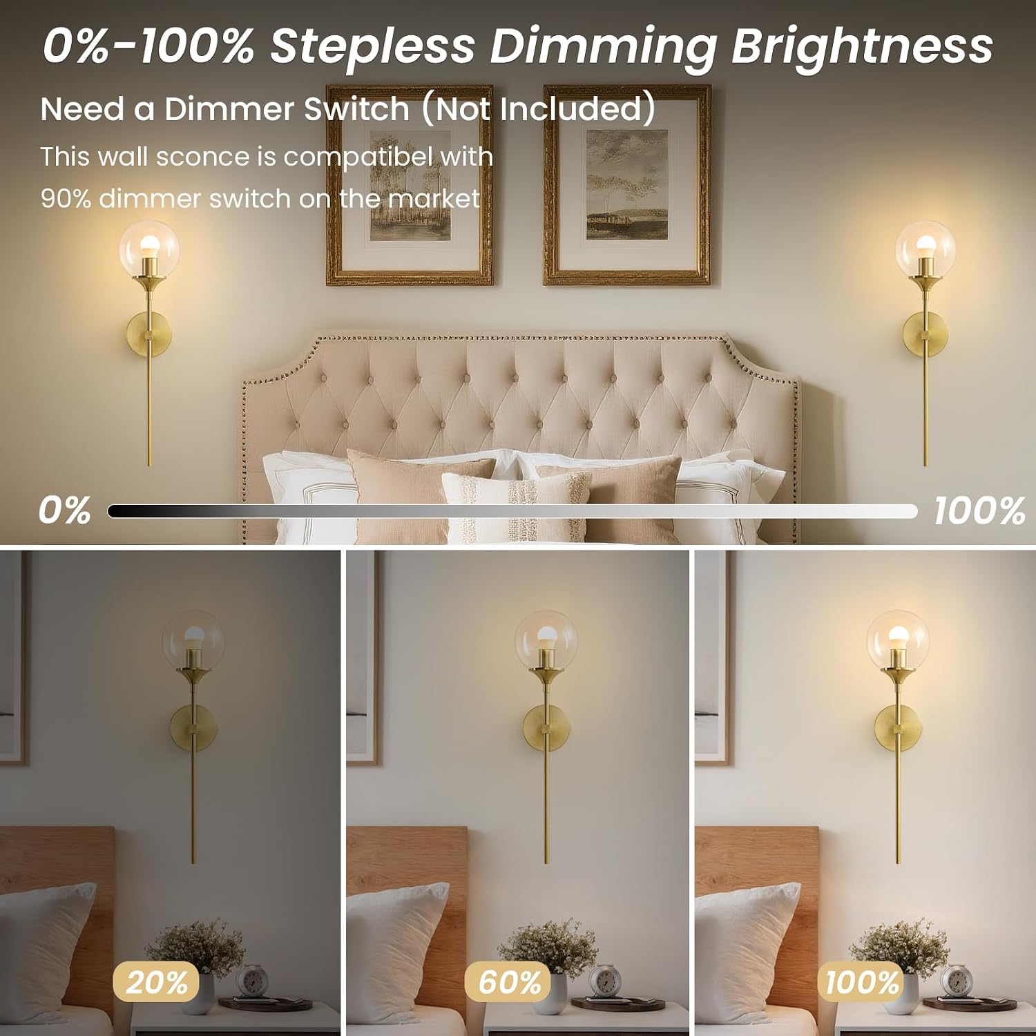 Mid Century Globe Wall Sconce - Set of 2 Modern Clear Glass Round Sconces - Ball Indoor Lighting with Dimmable Bulbs - Brushed Brass Gold Light Fixtures for Bathroom Bedroom Living Room Vanity Decor