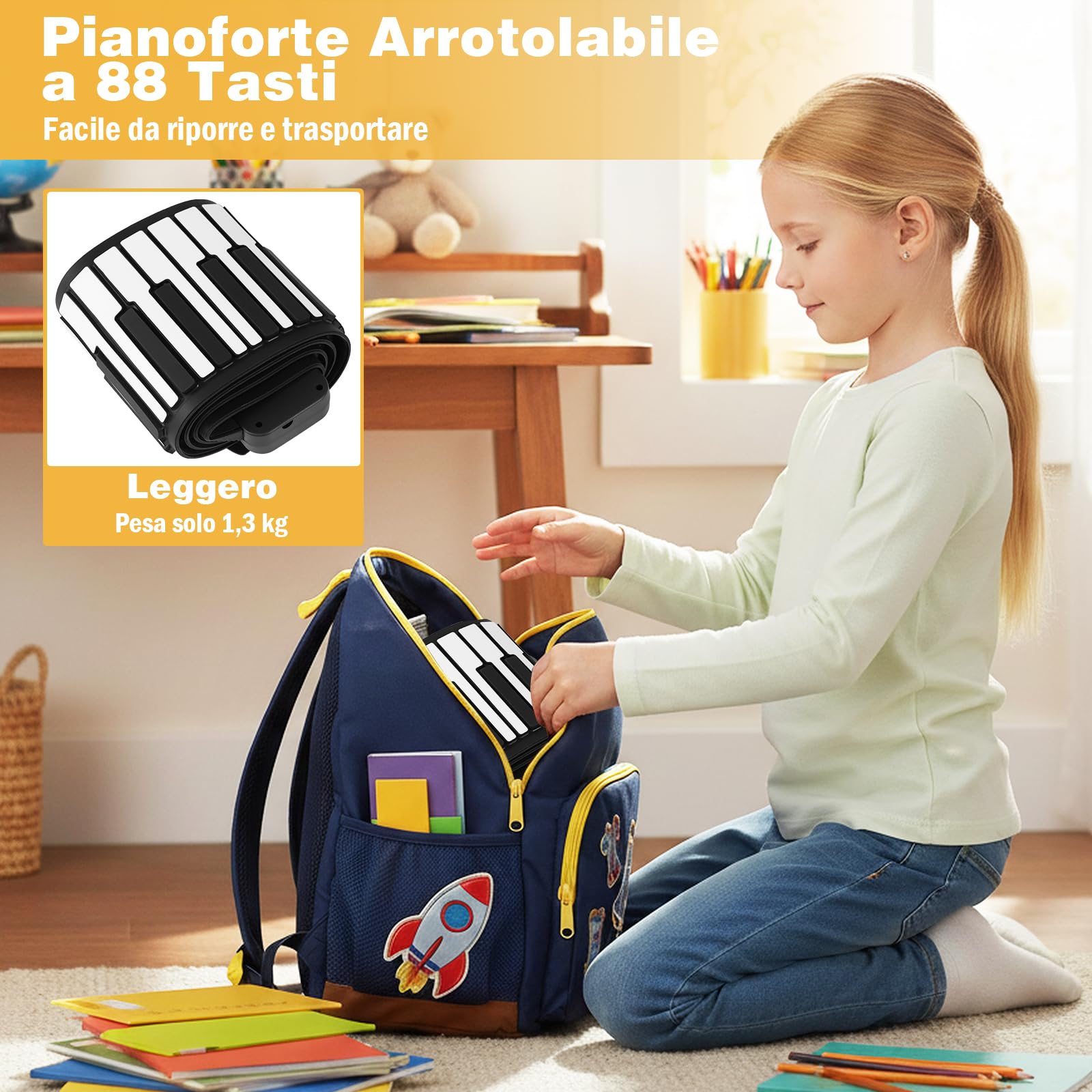 COSTWAY Tastiera Elettrica Arrotolabile a 88 Tasti, Pianoforte Portatile con 128 Ritmi, 128 Suoni e 14 Demo, Pianoforte Digitale Pieghevole con Pedale Sustain, per Principianti Bambini