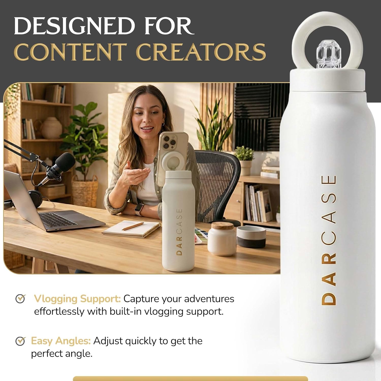 DARCASE Luxury Stainless Steel Water Bottle with Magnetic Phone Mount - Leak Proof Insulated Water Bottle for Workout, Content Creation and Travel - Reusable Bottle with Magnetic Phone Holder - 24oz - Image 4