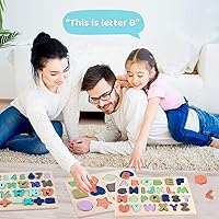 Vista 2 de Rompecabezas de madera para niños pequeños, rompecabezas de madera con forma de números del alfabeto, juguetes de aprendizaje para niños de 3, 4, 5