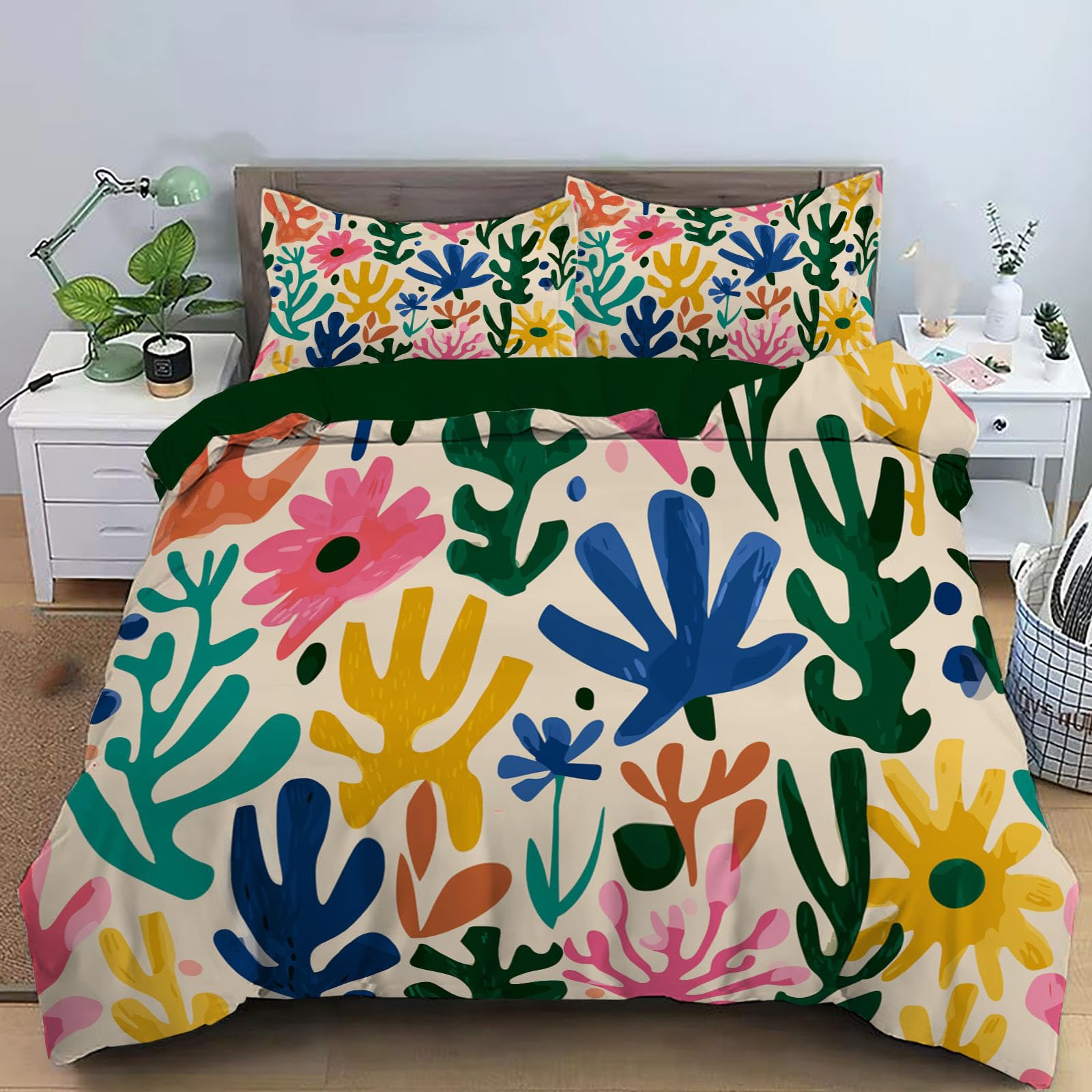 Juego de Funda Nórdica 150x220cm 3 Piezas para Cama, Flores Plantas Microfibra de Poliéster Suave Transpirable Graffiti, Incluido 1 Funda Edredón y 2 Fundas de Almohada, Crema