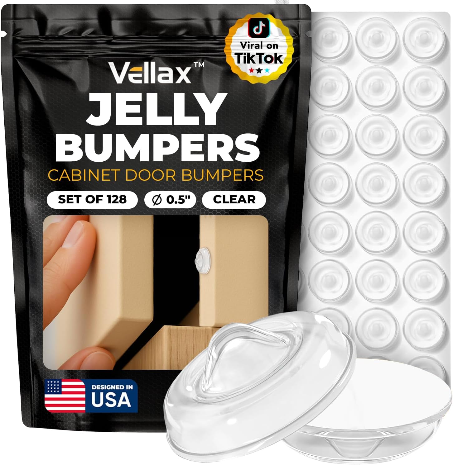 128 Clear Silicone Bumper Pads – Self-Adhesive Sound Dampening Stops with Jelly Button Shape Design for Cabinet Doors, Drawers, Cupboards, Glass Surfaces, Picture Frames – Vellax