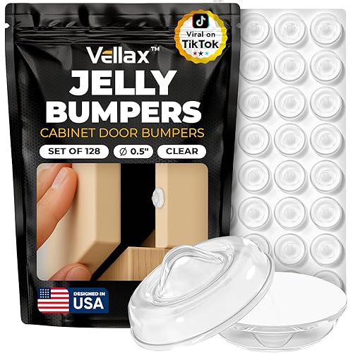 128 Clear Silicone Bumper Pads – Self-Adhesive Sound Dampening Stops with Jelly Button Shape Design for Cabinet Doors, Drawers, Cupboards, Glass Surfaces, Picture Frames – Vellax