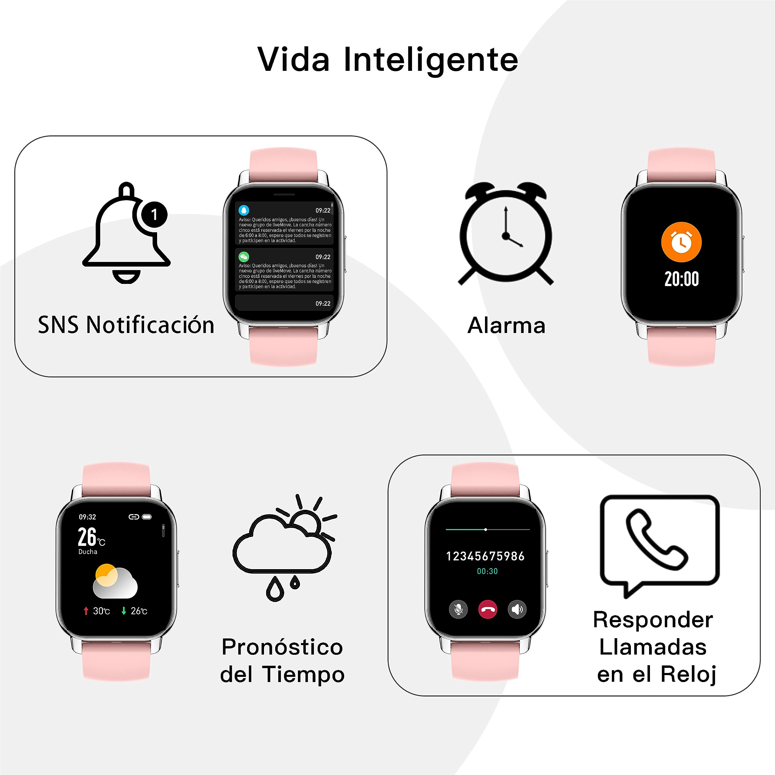 Popglory 1,85''/ 2 Correas Reloj con Llamadas, Reloj Inteligente 23 Deportes Smartwatch Pulsera Actividad Presión Arterial Ritmo Cardíaco Oxígeno Sanguíneo, Regalo Mujer Hombre Android iOS