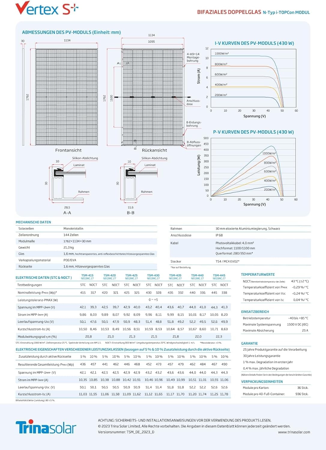 Trina Solar 445W Solarpanel Bifacial Clear Black Modell TSM-445NEG9RC.27 N-Type TopCon Glas-Glas, geeignet für Balkonkraftwerke und große Solaranlagen MENGE: 4