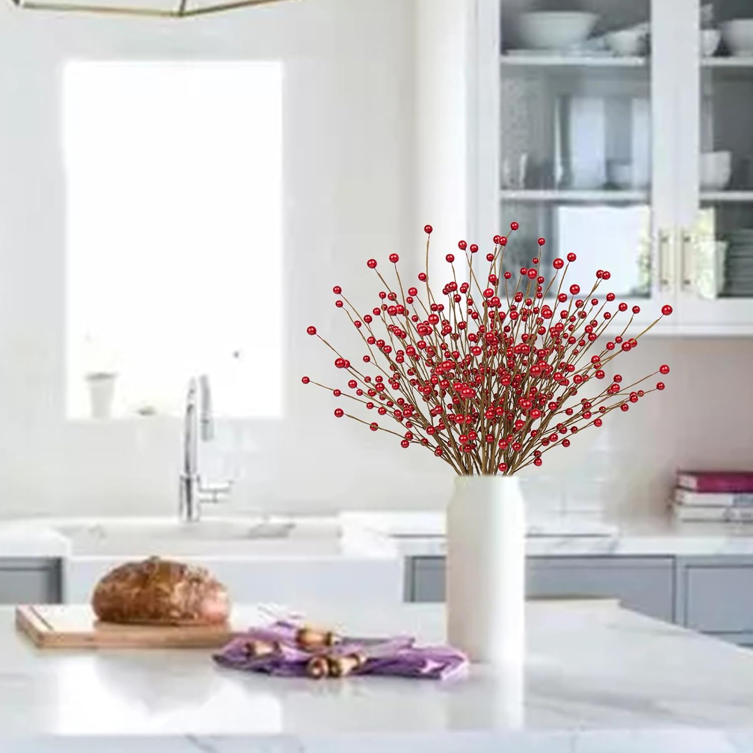 JINGHONG 24 Pack Christmas Tree Picks 17 Inch Red Berry Picks Artificial Holly Berry Stems for Xmas Tree Centerpieces Vases Floral Arrangements Winter Holidays