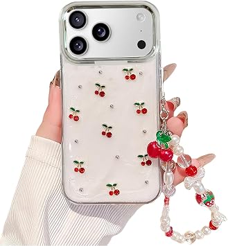 Cute Case for iPhone 12/12 Pro,Red Cherry Pearls Case,with Phone Charm Chain,Flowers Fruit for Women Girls Designed Shockproof Cover for iPhone 12/12 Pro-White