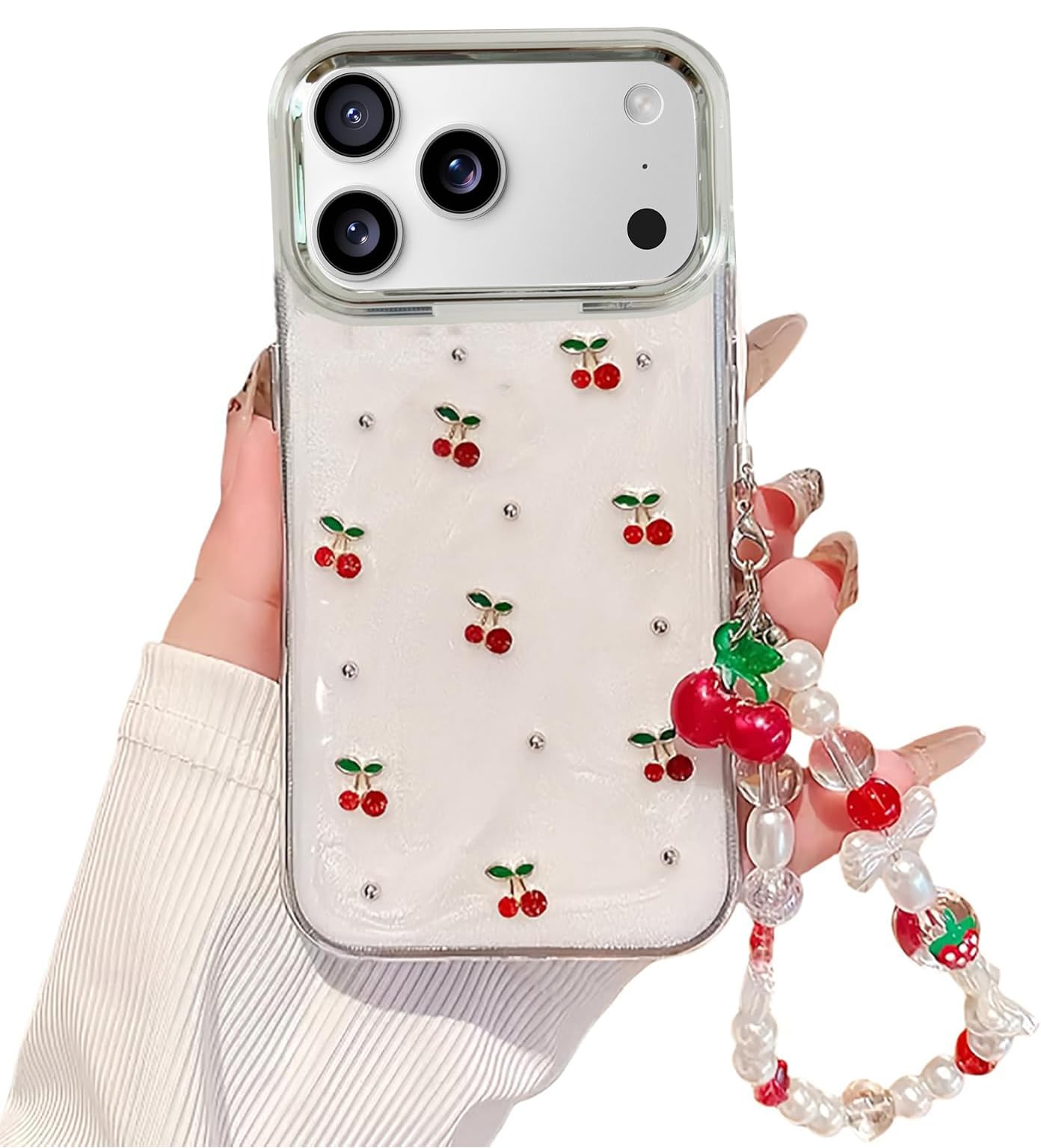DIMEIYA Cute Case for iPhone 15 Pro,Red Cherry Pearls Case,with Phone Charm Chain,Flowers Fruit for Women Girls Designed Shockproof Cover for iPhone