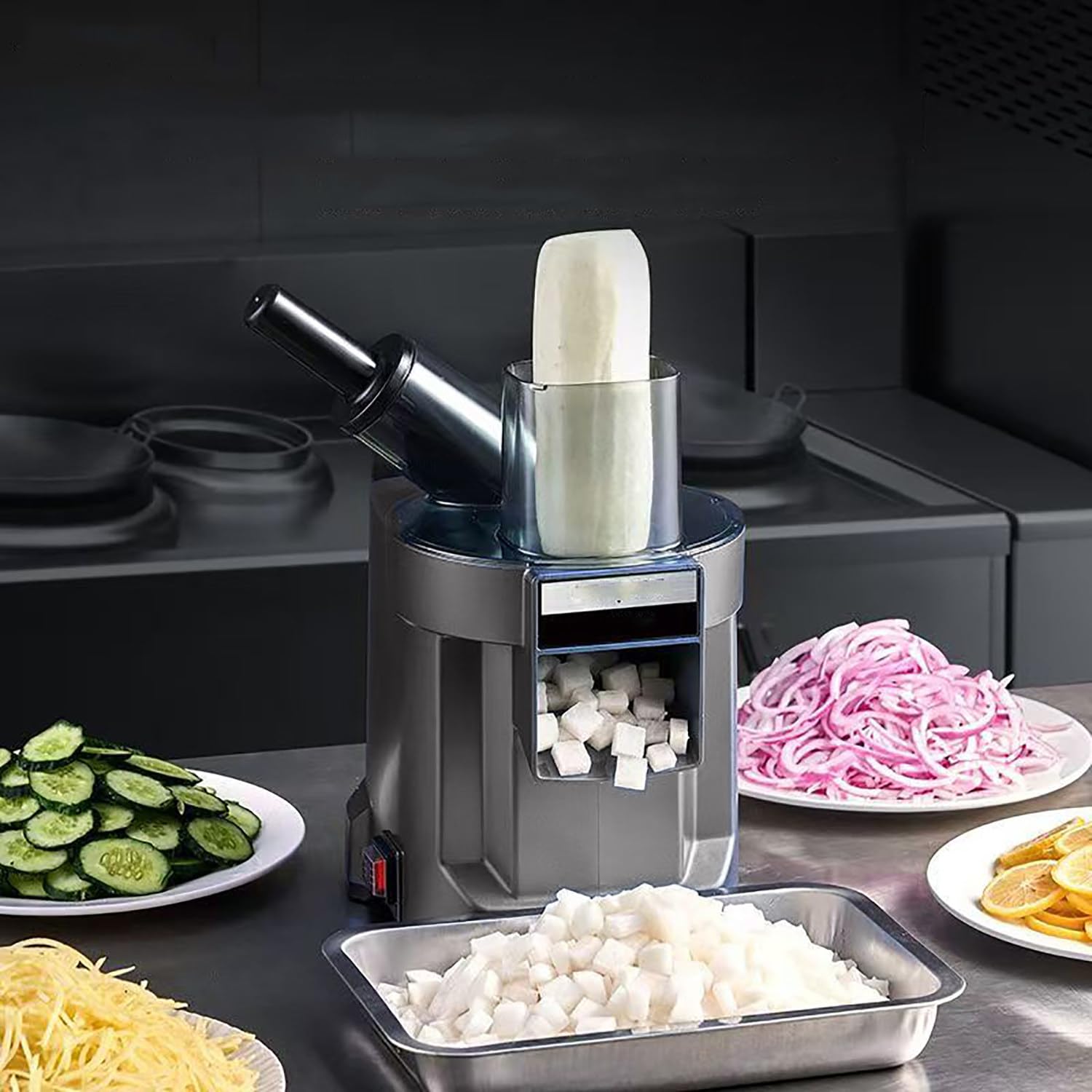 Tagliaverdure elettrico multifunzione 4-in-1 con affettatrice,cubettatrice,grattugia e taglia patate ondulato,lame in acciaio inox,Affettatrice elettrica per verdure per meal prep e catering