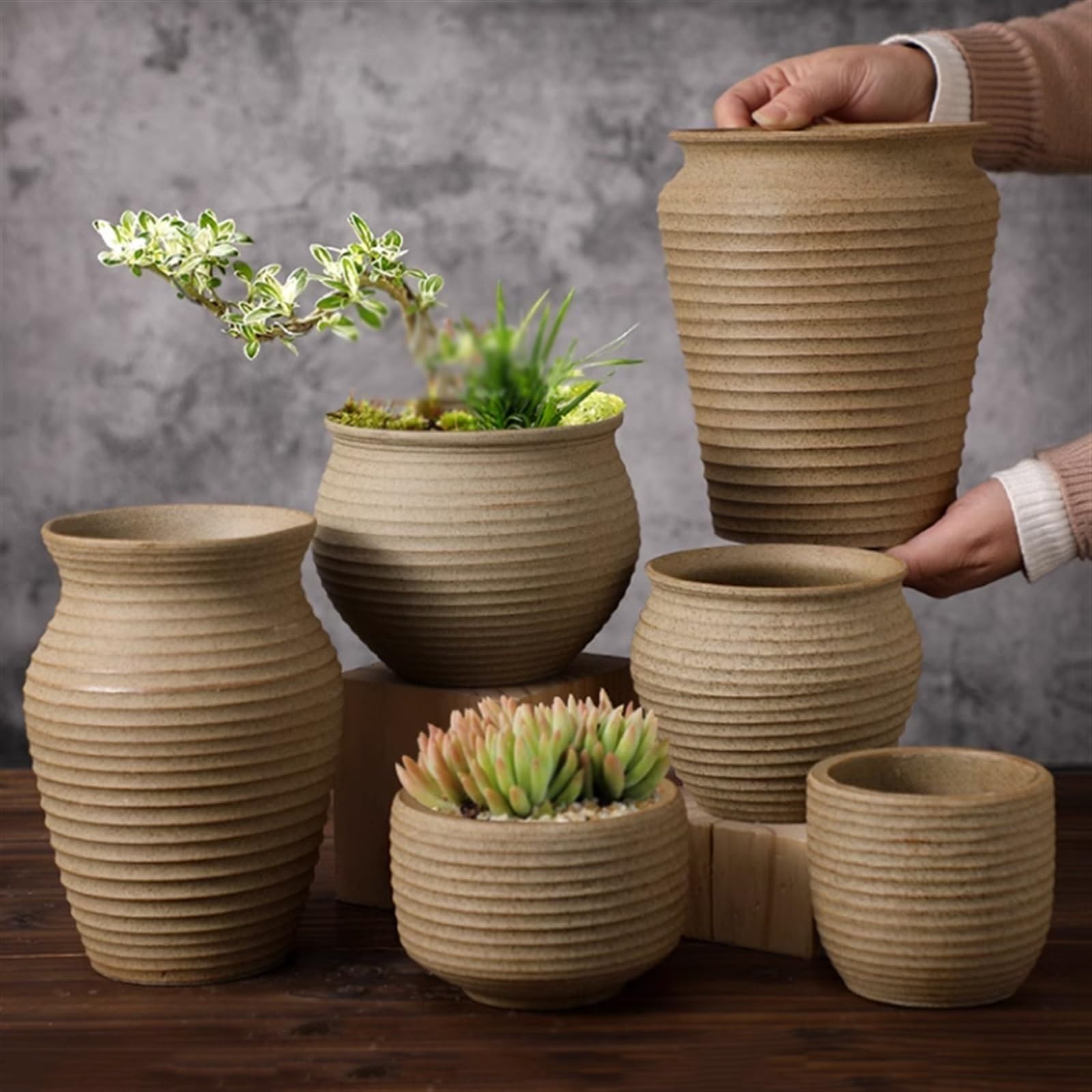Doniczki na kwiaty Doniczki na rośliny sukulenty szorstka ceramika kształt wycięcia doniczki duży dwuczęściowy zestaw Vintage wysoki Model ceramiczne doniczki Doniczka