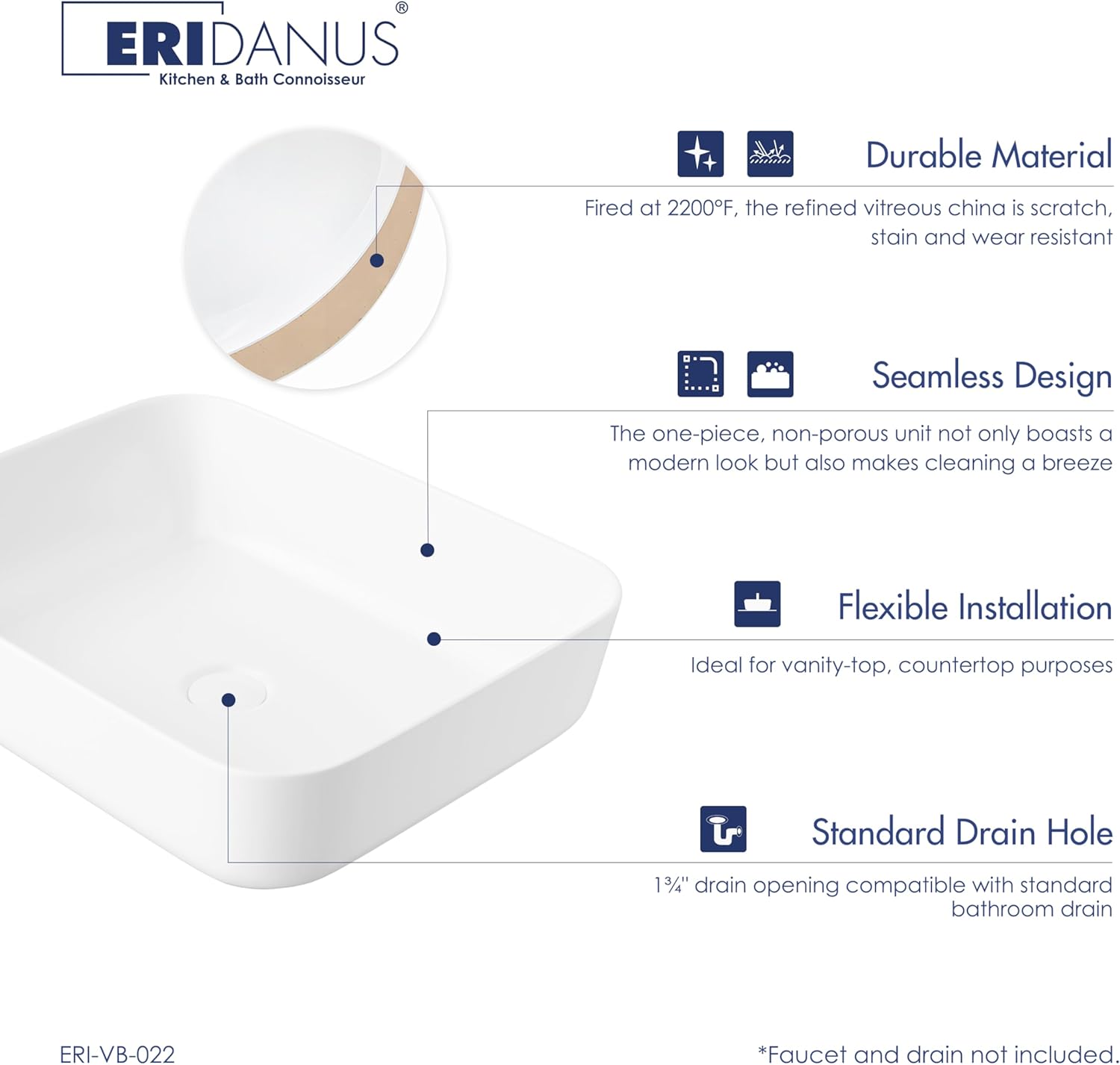 Bathroom Vessel Sink, Eridanus 20" x 15" White Vessel Sink Rectangular Bathroom Sink Porcelain Ceramic Vessel Sinks for Bathroom Vanity Sink Above Counter Basin
