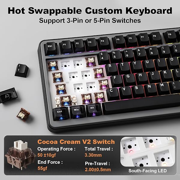 YUNZII B75 Pro MAX Teclado Mecánico Inalámbrico, Diseño 75% con Pantalla TFT y Control Giratorio, Hot Swap, QMK/Via, RGB, BT/USB-C/2,4G para Win/Mac (Negro, Cocoa Cream V2 Switch) - 5
