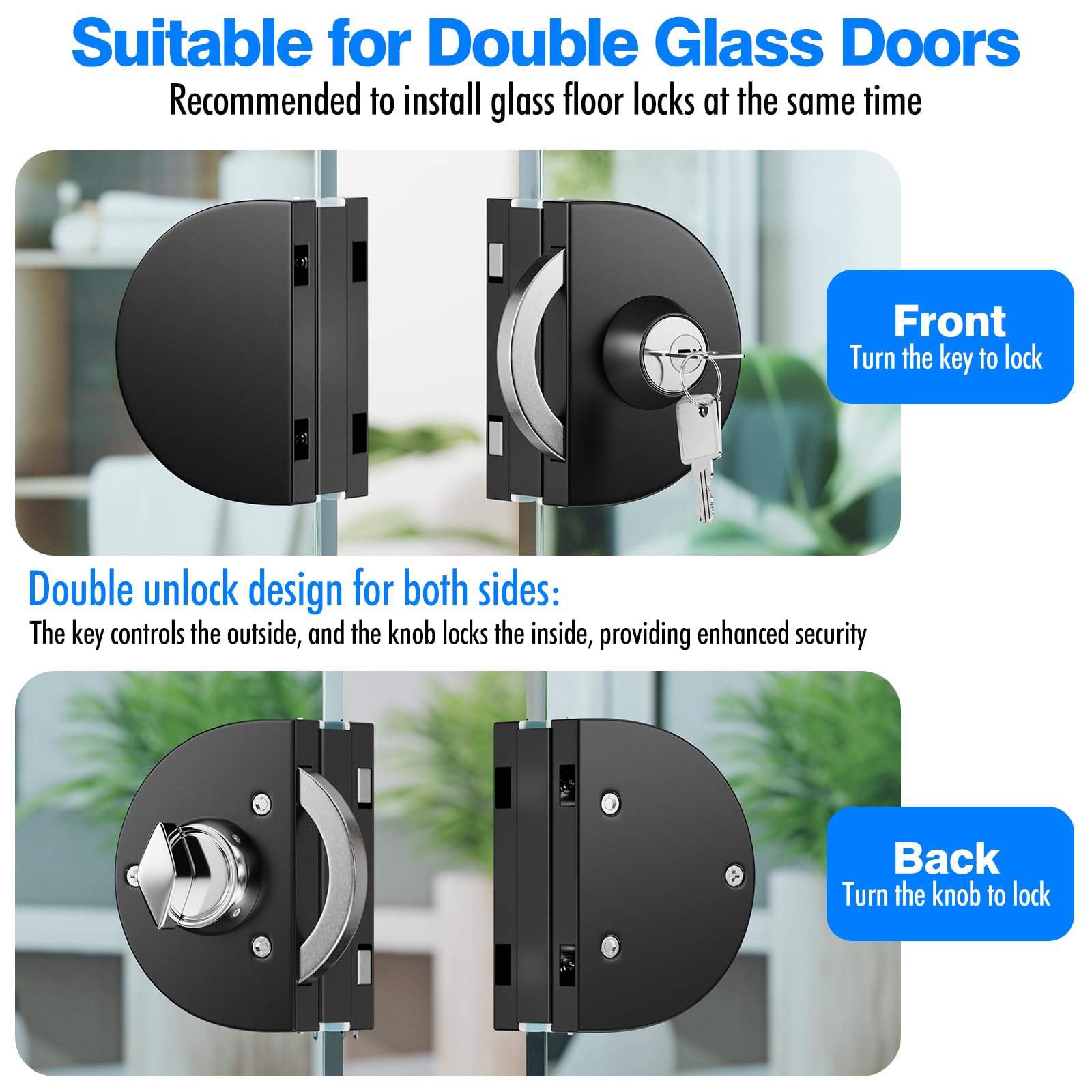 Serratura per porta in vetro senza fori, finitura nera opaca, con chiave e pomello, compatibile con vetro temperato 10-12 mm, installazione rapida, design moderno anti-effrazione, acciaio inox 304.