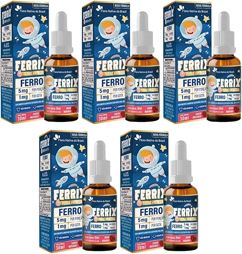 Kit Com 5 Ferrix Kids (Ferro 5mg/porção) 30ml Sabor Morango Flora Nativa