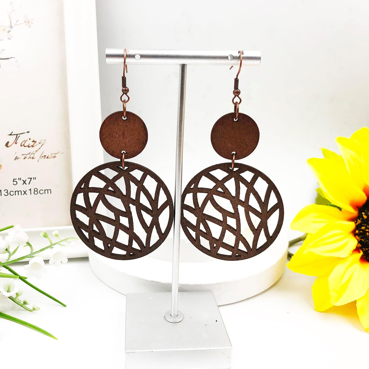 Bohemian Vintage Wooden Dangle Earrings for Women, Retro Geometric Round Earrings, Hollow Out Circle Boho Ethnic Earrings, Big Lightweight Boho Statement Earrings for Women - Image 6