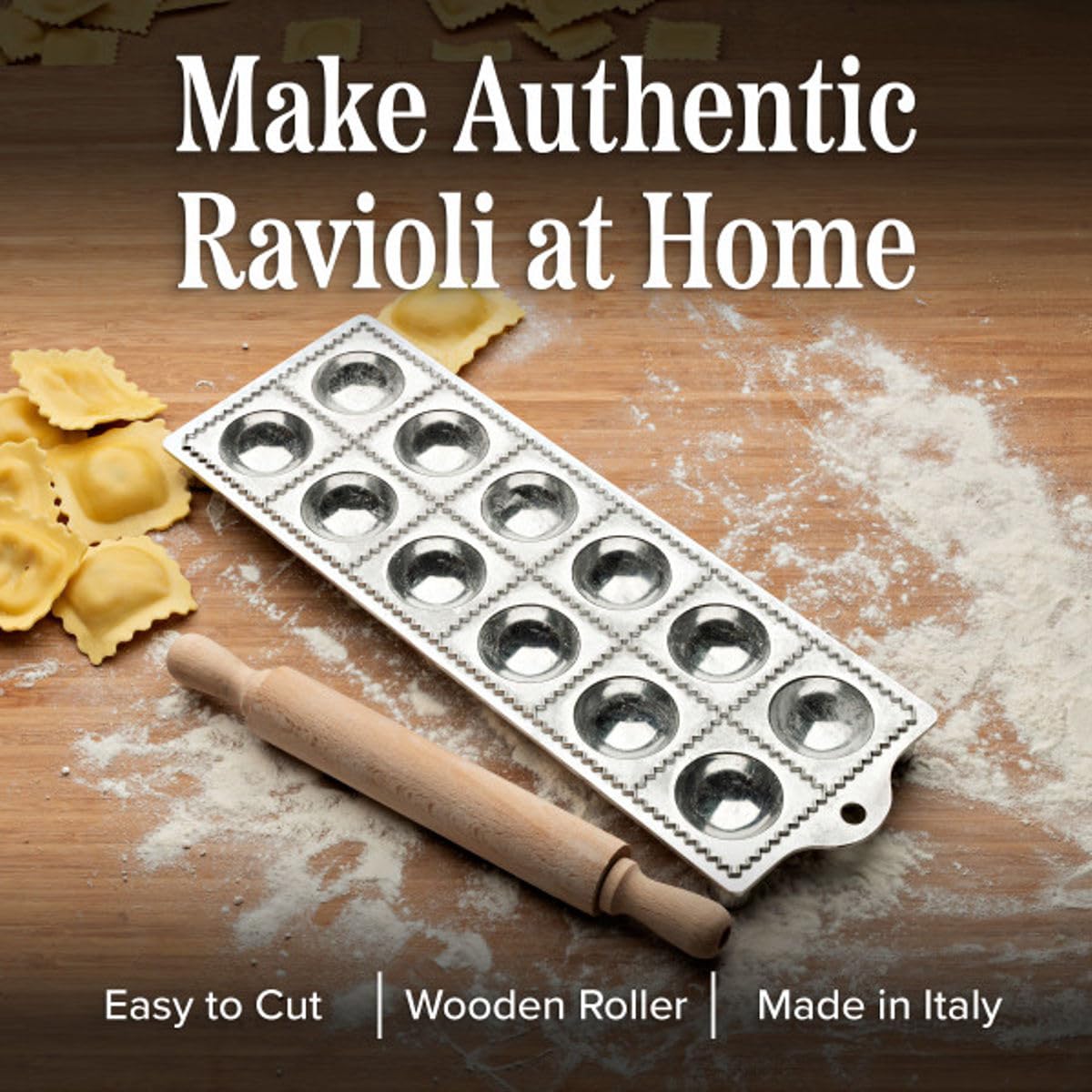 Kings County Tool - Molde redondo para raviolis | Produce forma redonda de 2 pulgadas | Fácil de usar | Rodillo de madera para pasta incluido | Inserto de pie de goma antideslizante | Necesidad de