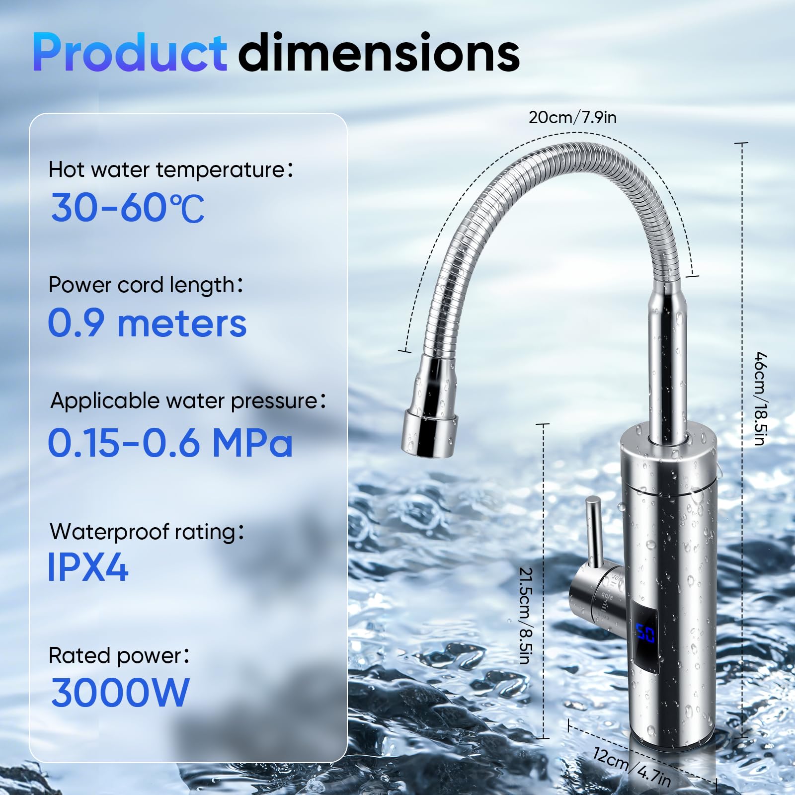 Wasserhahn mit Durchlauferhitzer, 360° Wasserhahn, 3000 W Durchlauferhitzer, Edelstahl-Wasserhahn mit LCD-Temperaturanzeige für Küche, Garten und Wohnwagen (A)