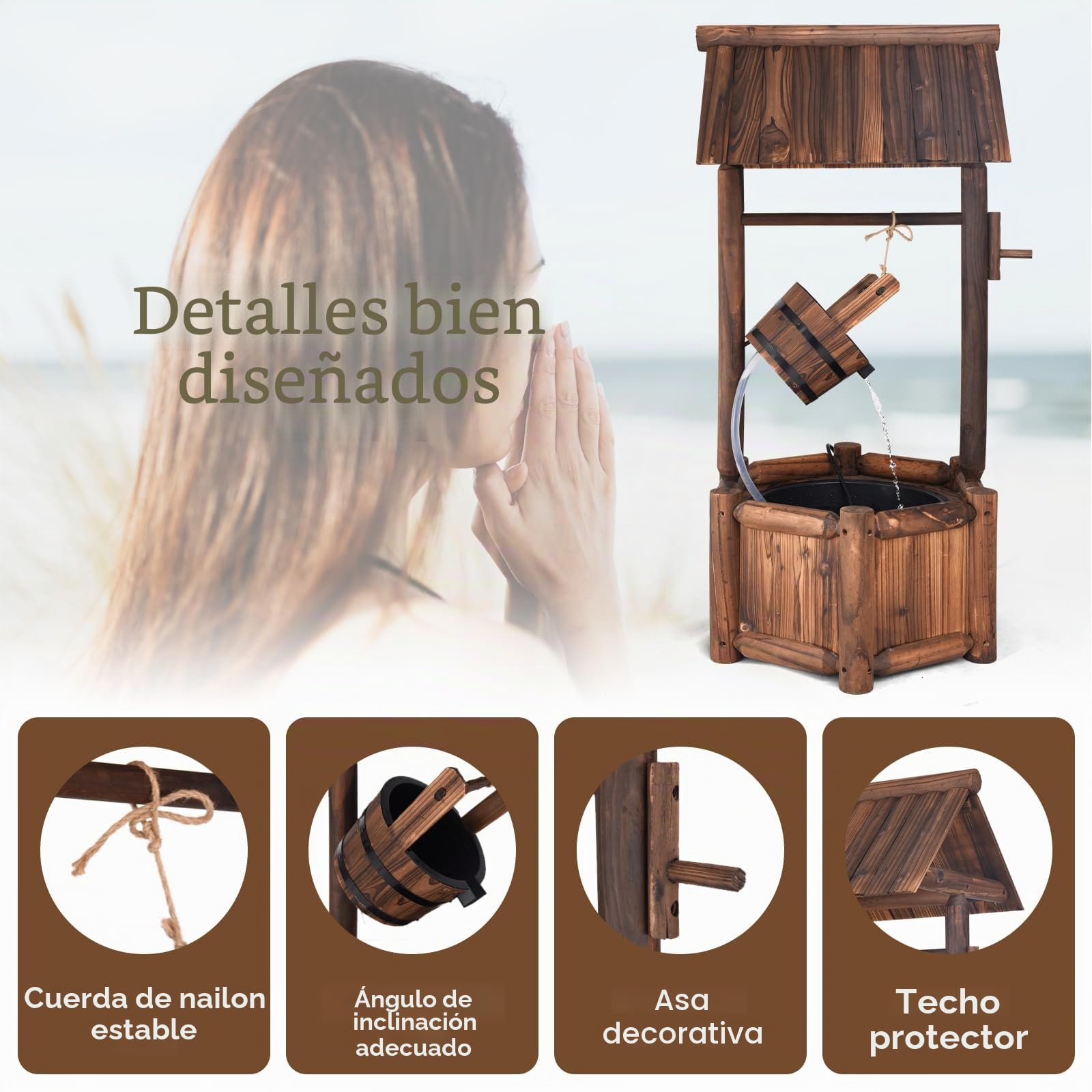 RELAX4LIFE Fuente de Jardín de Madera con Bomba Eléctrica 300L/H, Pozo Decorativa con Control del Caudal de Agua para Jardín, Balcón, Patio, 58,5×56×117cm, Marrón