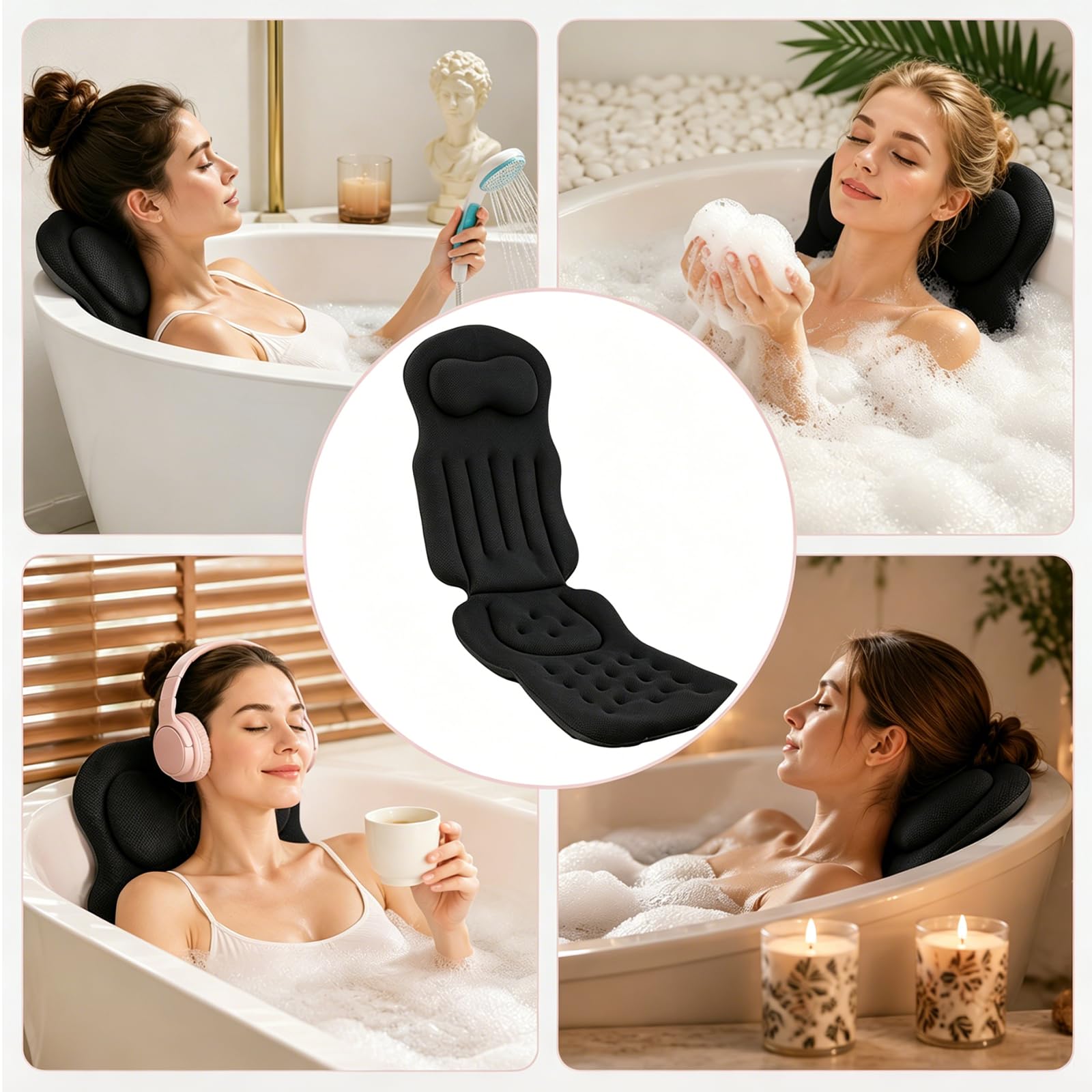 Ganzkörper Badewannenkissen für die Badewanne, Verdicktes Badewannenmatte mit Kopfstütze unterstützt Nacken, Rücken und Beine, Badewannenkissen Mit Hängehaken Saugnäpfen(Schwarz)