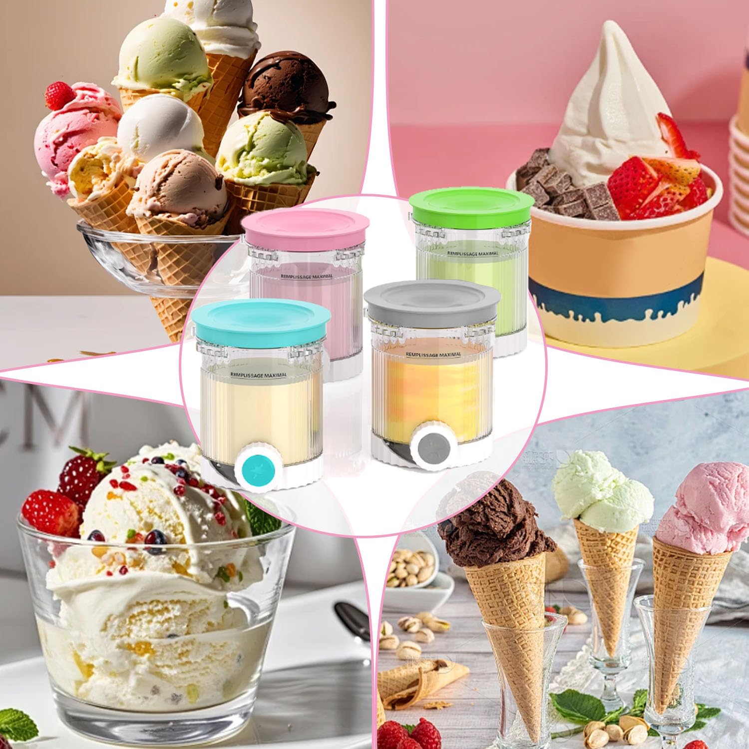 Lot de 4 Pots pour Ninja Creamy Deluxe NC700 NC701,480ml Pot pour Ninja Creamy Swirl,Accessoires pour Ninja Machine à Glace,Sans BPA avec Couvercles Étanches et Lave Vaisselle