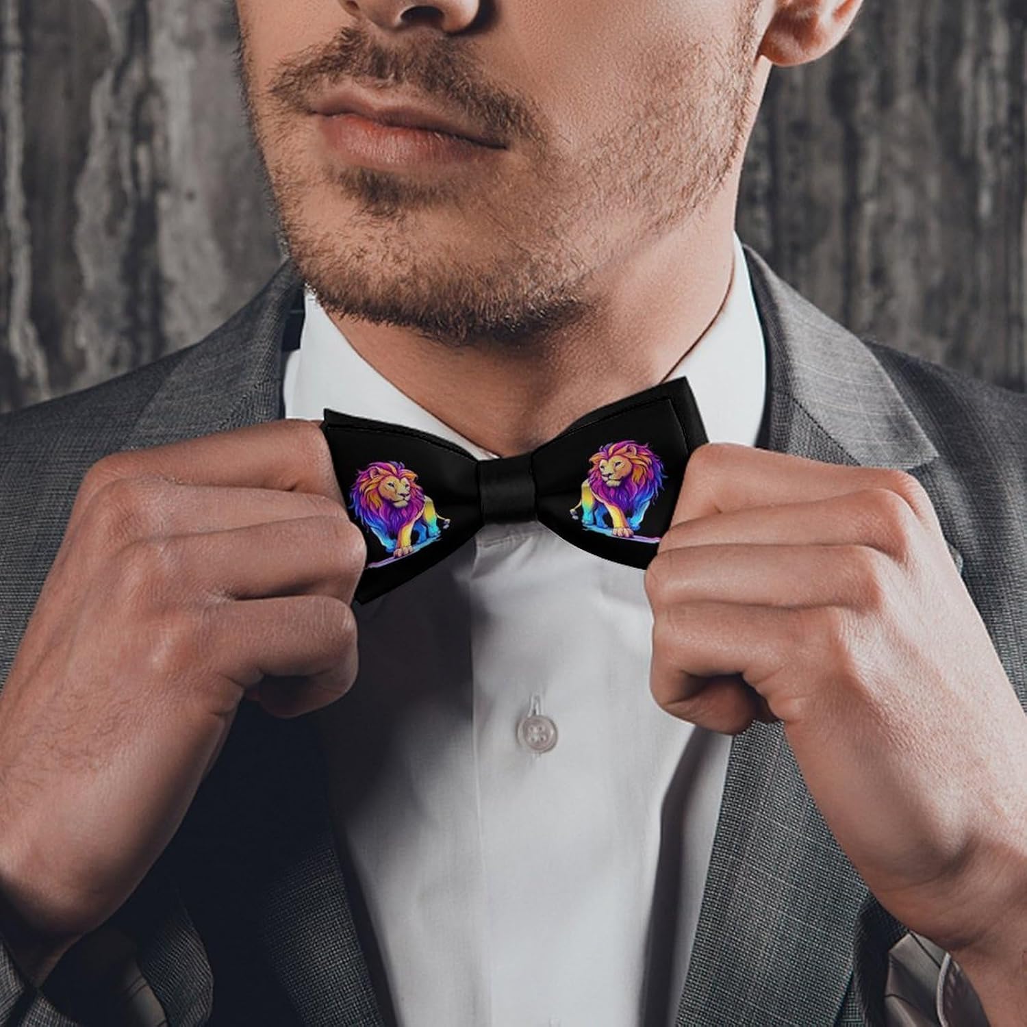 Colorful Wild Lion Bow Ties for Men Fun Printed Pre Tied Adjustable Bowtie for Party Wedding