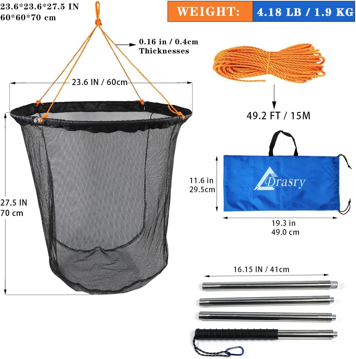 Drasry Large Collapsible Bridge Pier Fishing Net Landing Net with Rod, High Load Aluminum Ring Drop Net for Saltwater and Freshwater Pier Fishing Basket with 49.2 ft. Rope