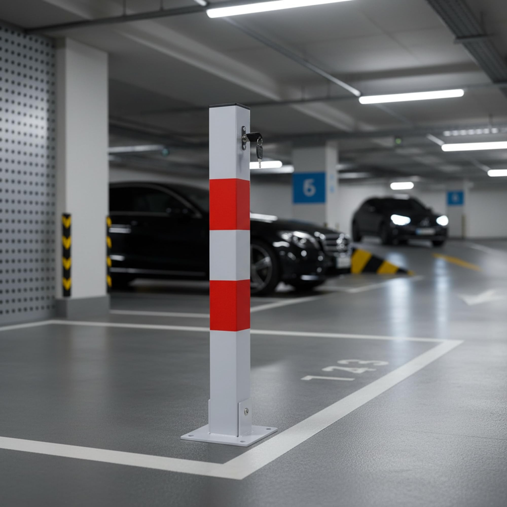 Mucola Parkpfosten vertikale Parksperre Grau Rot – Absperrpfosten klappbar mit Schloss 70cm hoch | Stabiler Stahl verzinkt, Sperrpfosten Poller für Parkplatz Einfahrt Grundstück Hofeinfahrt