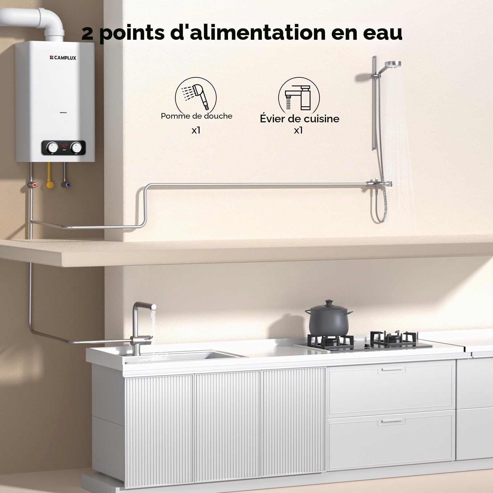 CAMPLUX BD300-DE 11L Chauffe-Eau à Gaz Instantané 50 mbar, Bas NOx/ErP, GPL, 3V, 22 kW, Chambre Scellée