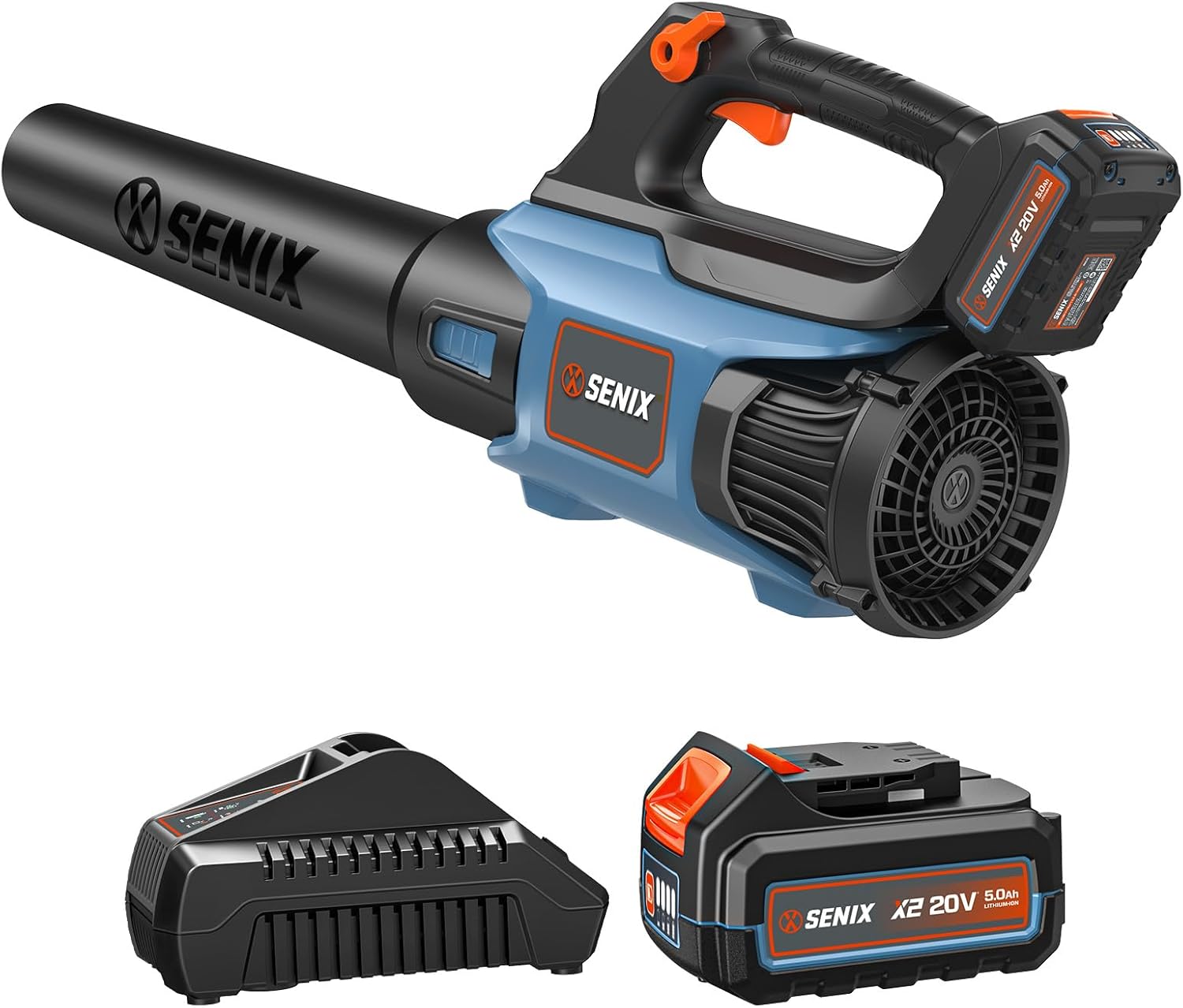 SENIX 20V Max Leaf Blower, Cordless, Brushless, Handheld, Up to 450 CFM and 100 MPH, 2 Speed Mode, Cruise Control, Lightweight, 5.0 Ah Battery and Charger Included (BLAX2-M3) 450 CFM Blower Kit w/ 5.0Ah Battery