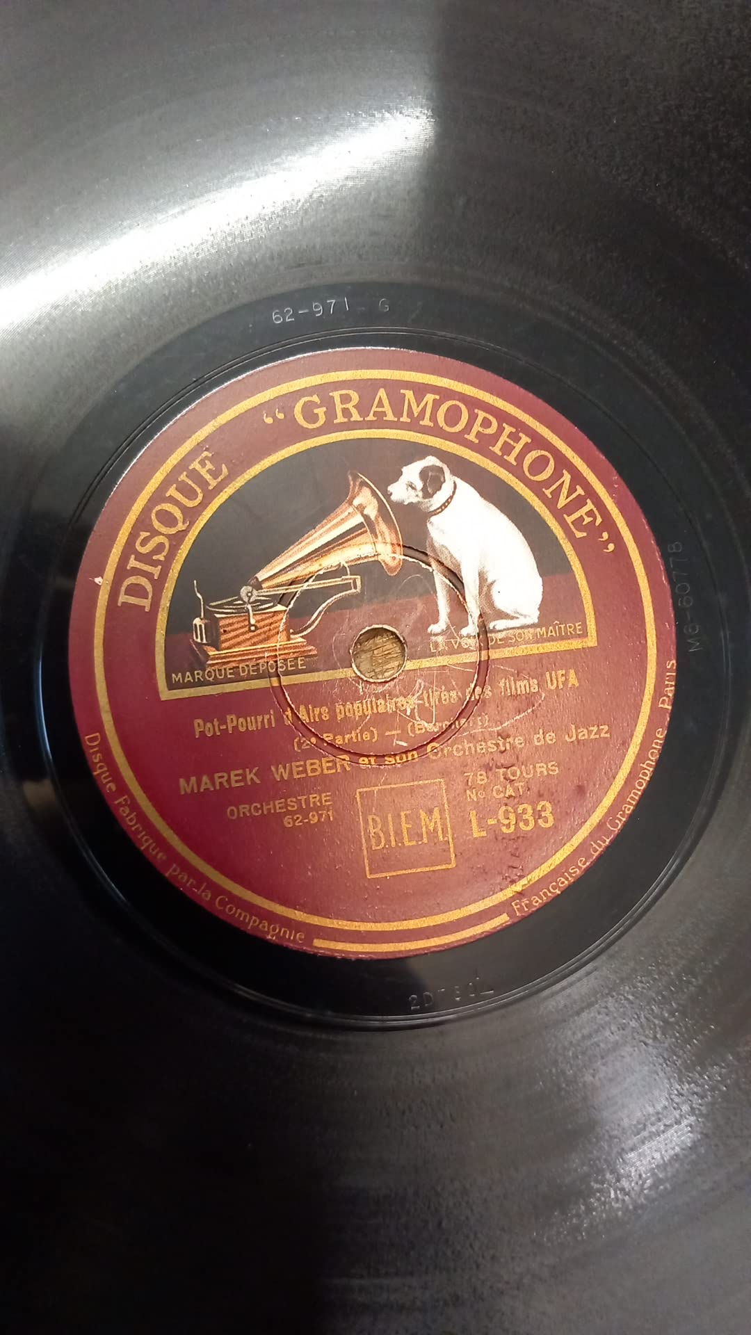 Marek Weber et son orchestre de Jazz Pot pourri d'airs populaires tirés des films UFA - 78 tours disque gramophone