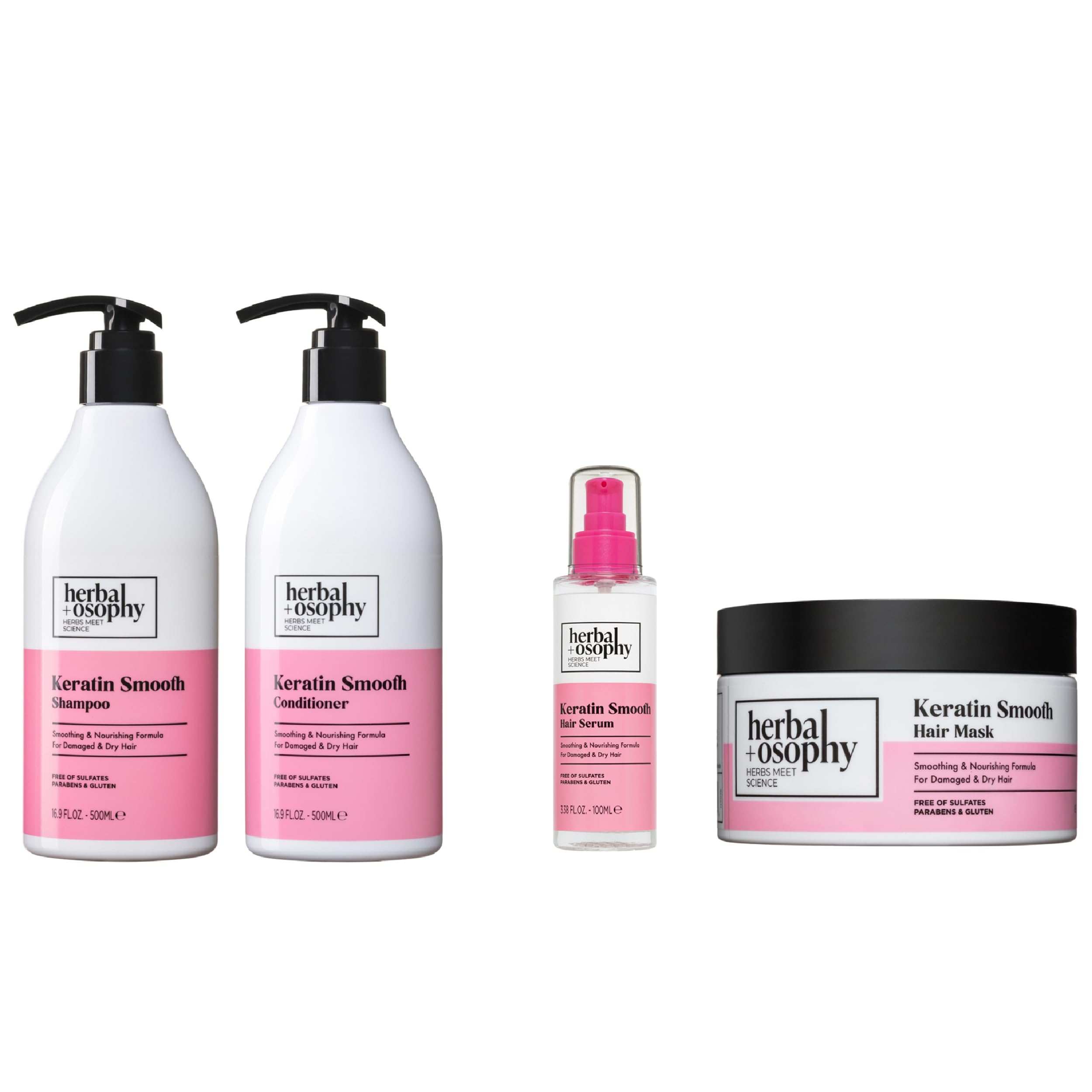 2 x 16.9 Fl Oz Keratin Shampoo & Conditioner Set, with 3.38 Fl Oz Hair Serum + 8.5oz Hair Mask, Smoothing, Nourishing & Moisturizing Formula for Damaged and Dry Hair