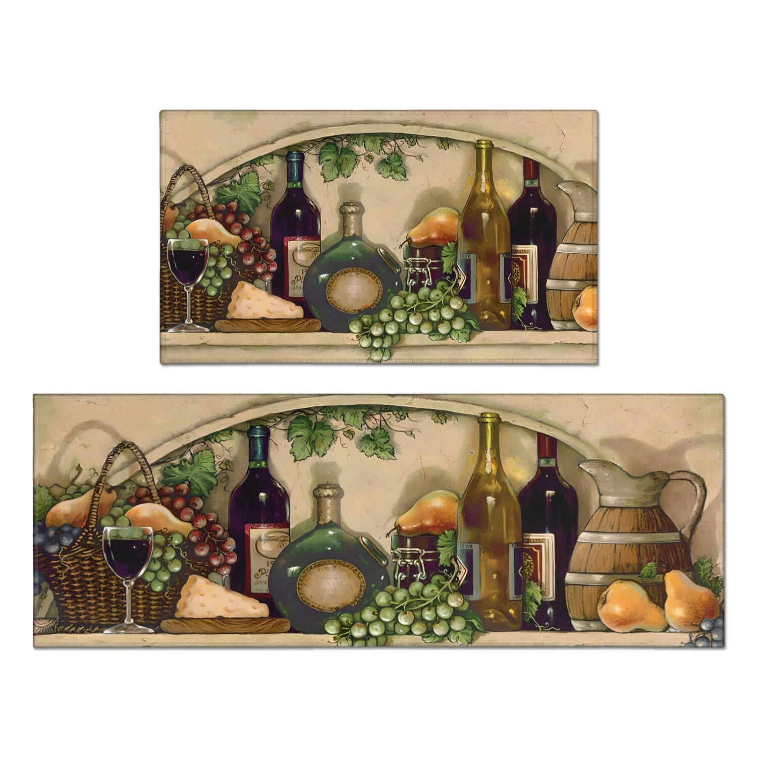 Koesnbre Red Wine Kitchen Rugs Sets of 2, Grapes Vintage Farmhouse Home Kitchen Rugs and Mats, Washable Non Skid Absorbent Microfiber Kitchen Floor