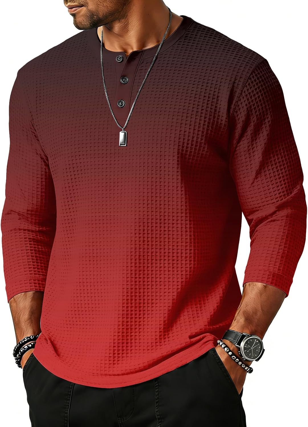 WENKOMG1 Men's Three Quarter Sleeve Gradient Color Print Jersey Baseball Henley Tee Shirt, S-2XL