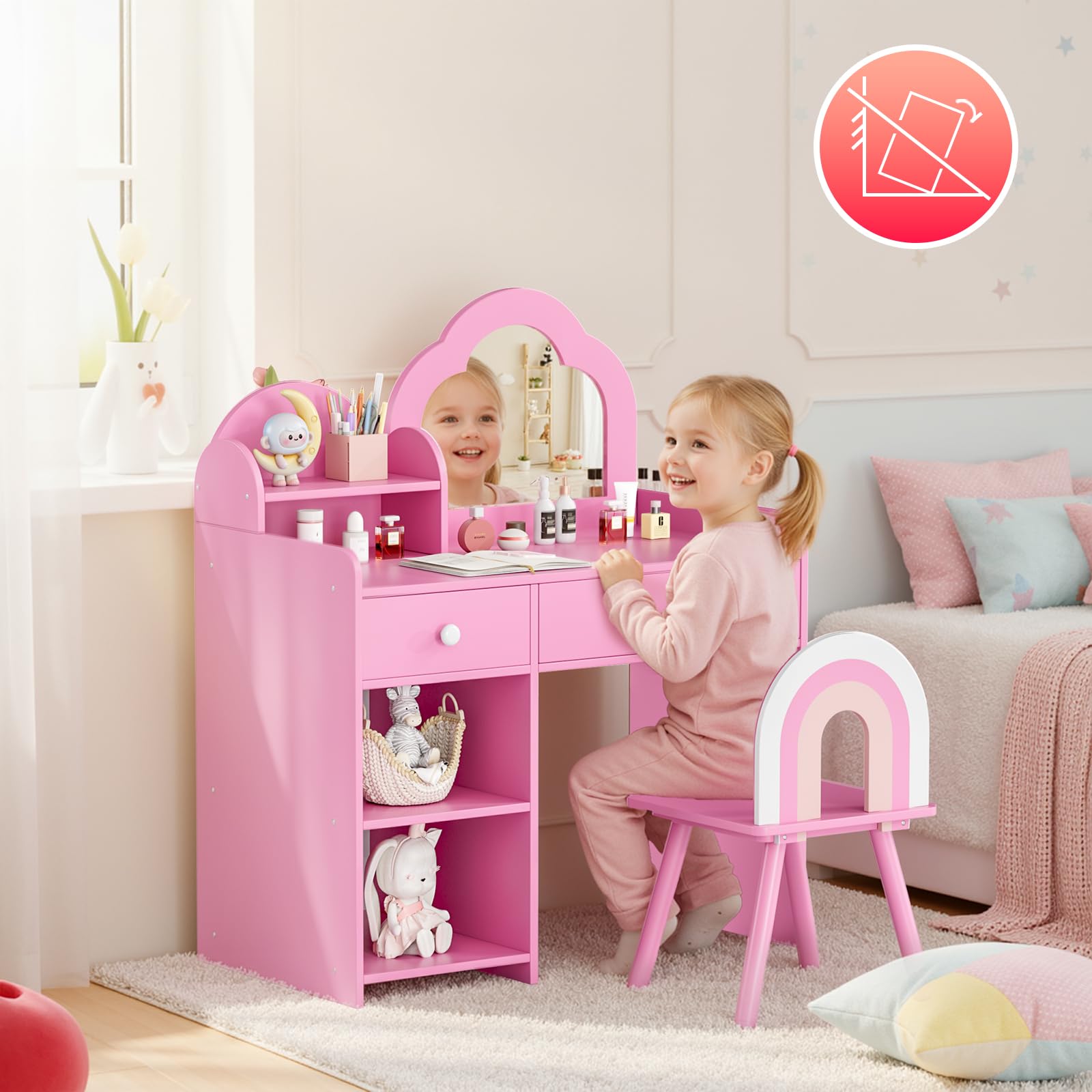 MAMIZO Tocador Infantil con Taburete y Espejo, Tocador para Niños con Cajón, con Forma de Nube, Robusto y Estable, 2 en 1 Mesa de Maquillaje Infantil 3,5x40x90,5cm, para 3-8 Años (Rosa)