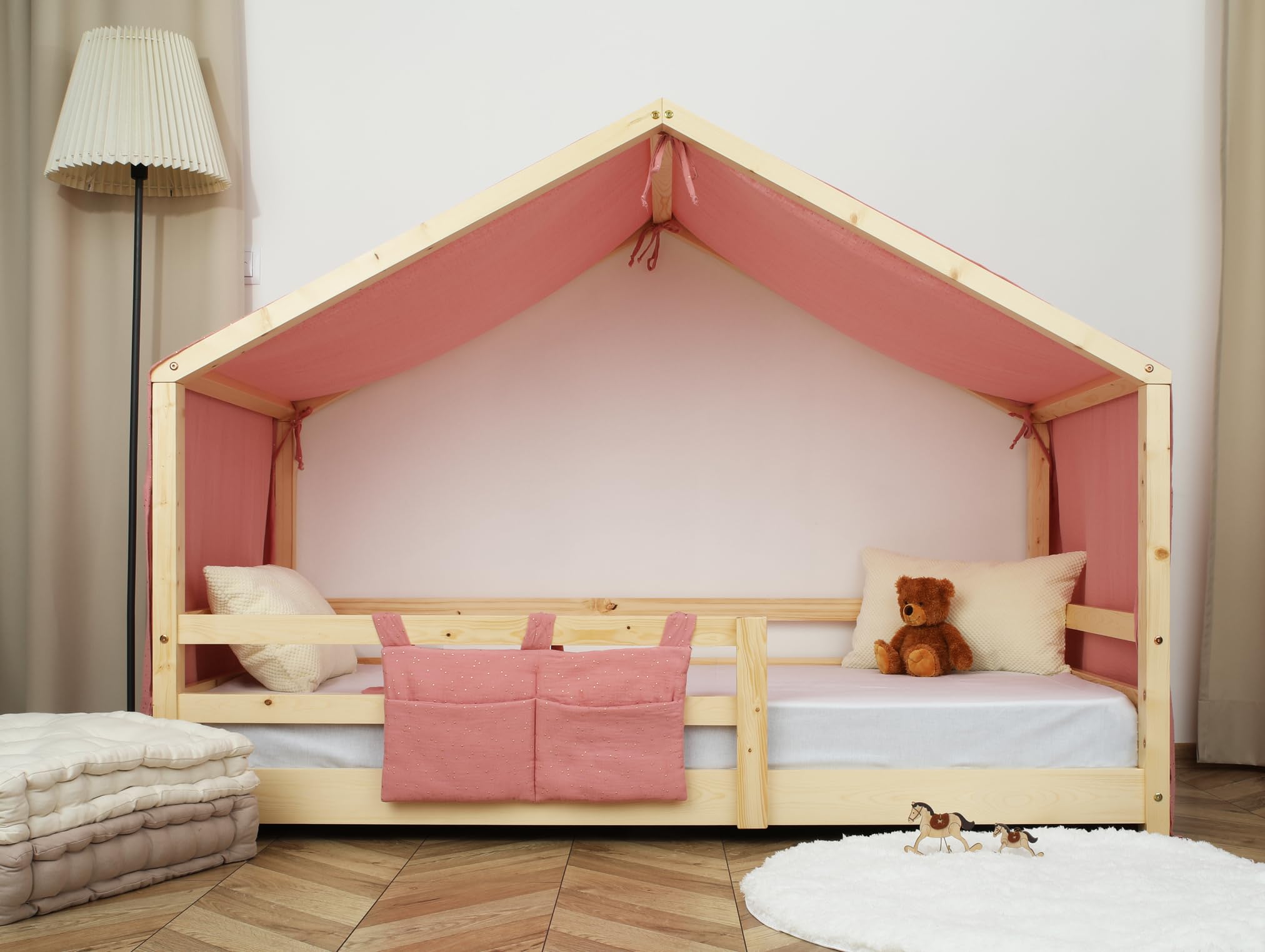 Tenda Letto Bambini 100% Cotone - Tenda Letto Montessori per Letto Bambini 80x160 e 90x190cm - Modelo 2 (Rosa Cipria/Oro, 97 x 402 cm + Astuccio)