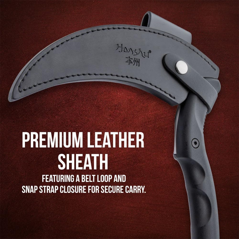 Honshu Karito Kama Red | 9 Inch 7Cr13 Stainless Full Tang Curved Blade | 15 3/4 Inch Overall | EDM Textured Nylon Handle | Black Leather Belt Sheath
