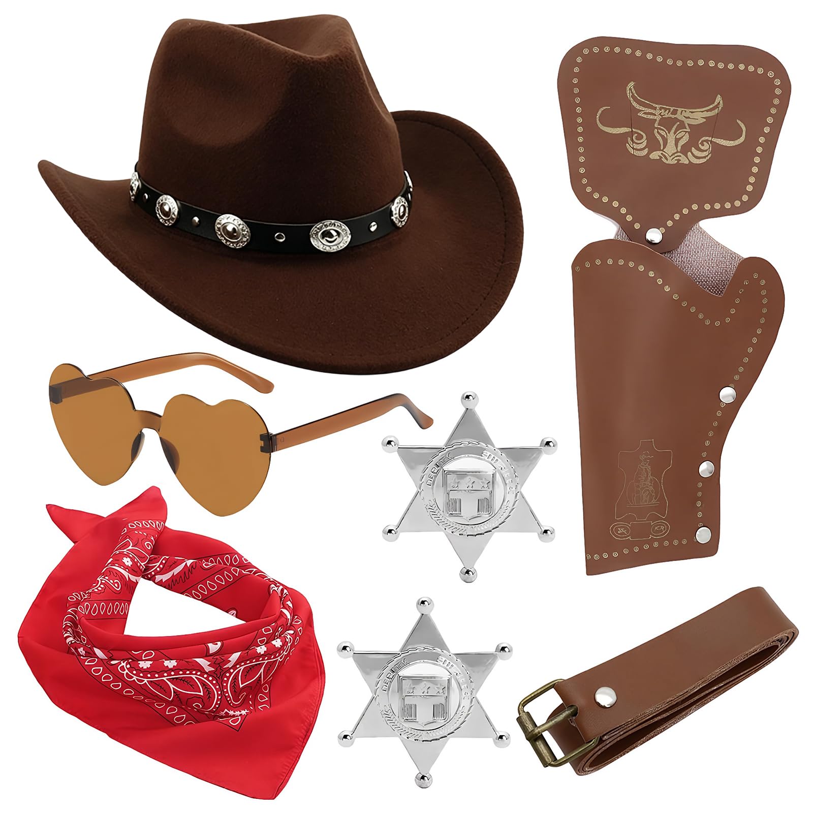 CYGMRFH Cowboy Costume Accessory Set with BrownCowboy Hat, Bandana, Heart Sunglasses, Holster & Belt,Western Fancy Dress Kit for Adults Kids HalloweenCosplay (Coffee Metal Buckle)