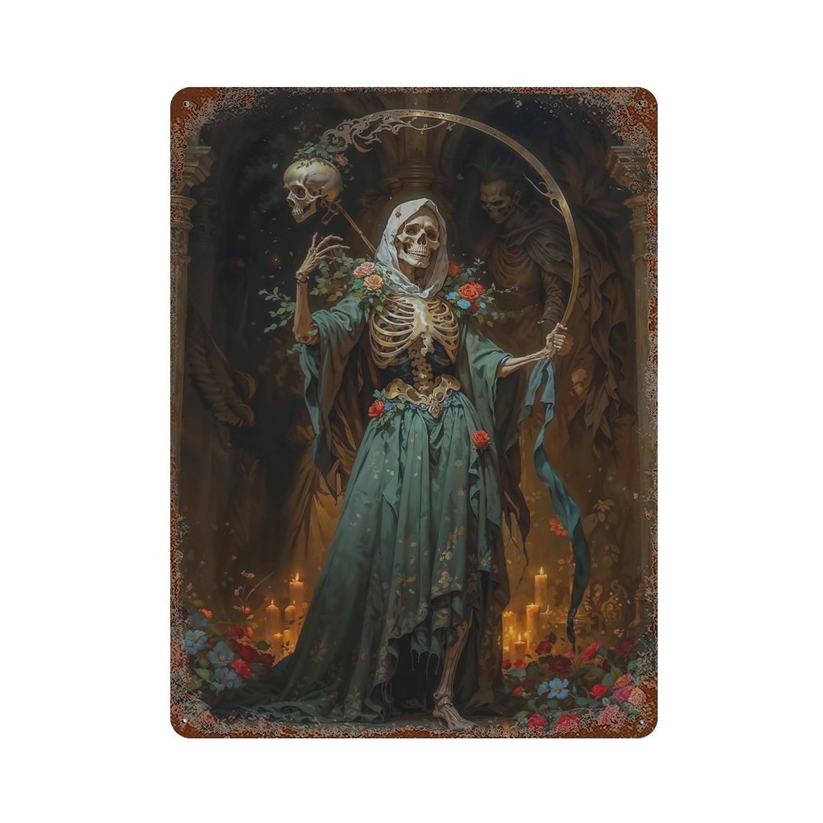 Aged Metal Wall Plaque with Santa Muerte with Flowers Design 15.7"x11.8", for Basement, Hobby Room And Garage Decor, Farmhouse Wall Decor