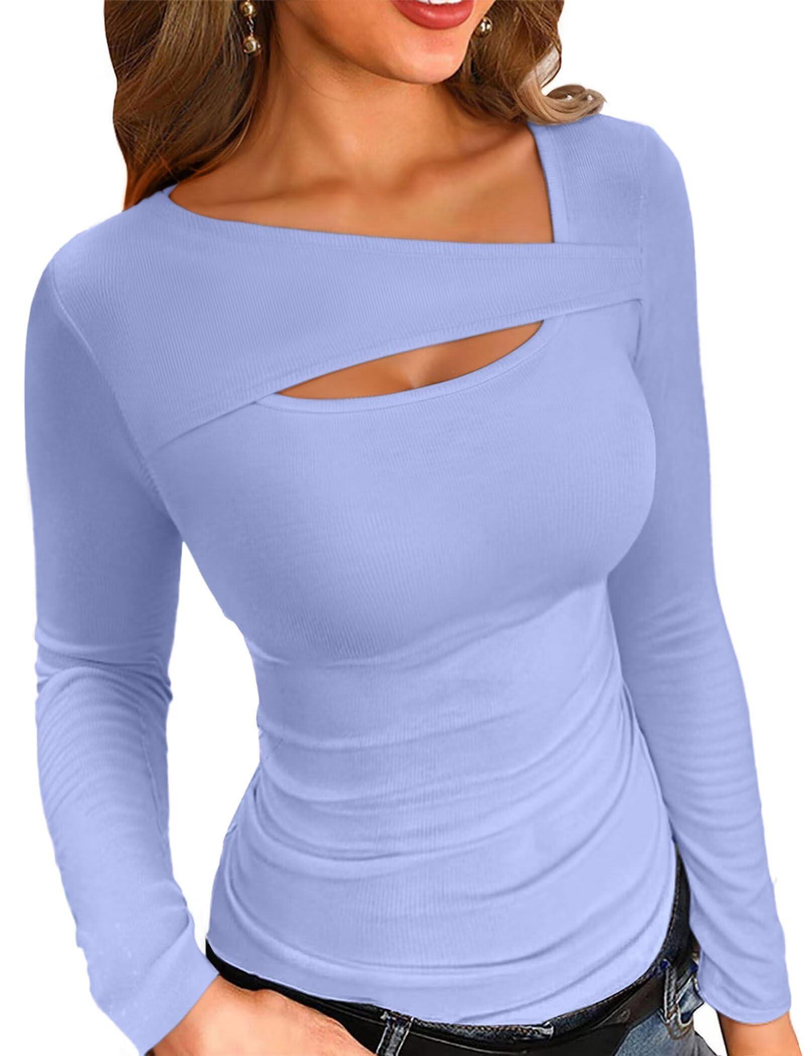 VICHYIE Womens Fashion Fall Clothes One Piece Cutout Tops Long Sleeve Ribbed Slim Fitted Shirts Tee Tshirts Long Sleeve Medium Long-purple Blue
