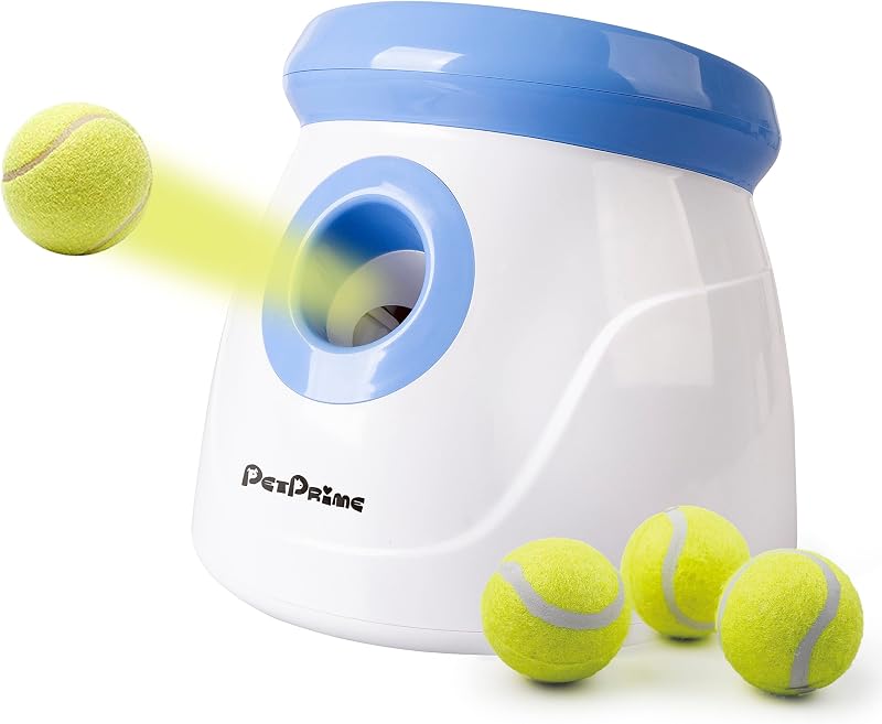 Pet Prime Lanzador automático de pelotas para perros pequeños y medianos, máquina interactiva para buscar perros con 3 pelotas de tenis (2 pulgadas) para juegos de lanzamiento en interiores y exteriores, distancia de lanzamiento de 10 a 30 pies