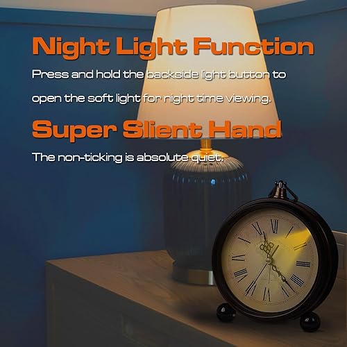 Miniatura 6 de Reloj despertador analógico vintage, 5.25 pulgadas, pequeño reloj de escritorio silencioso con luz nocturna, funciona con pilas para mesa,
