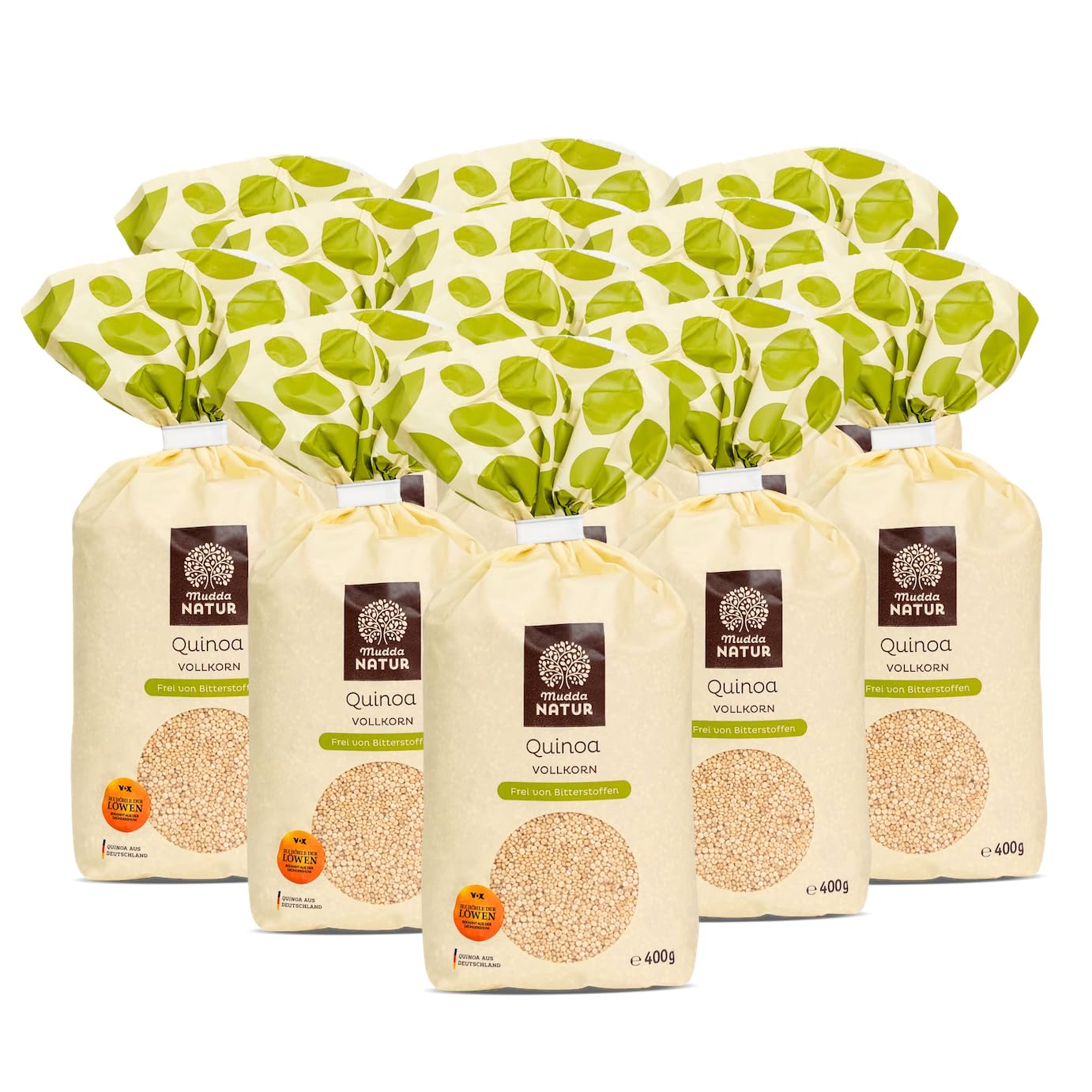 Mudda Natur Bio Vollkorn Quinoa 12x400g glutenfrei aus Deutschland | glutenfrei, vegan, frei von Bitterstoffen, ohne Waschen direkt kochen, Protein-, Eisen- & Ballaststoffquelle